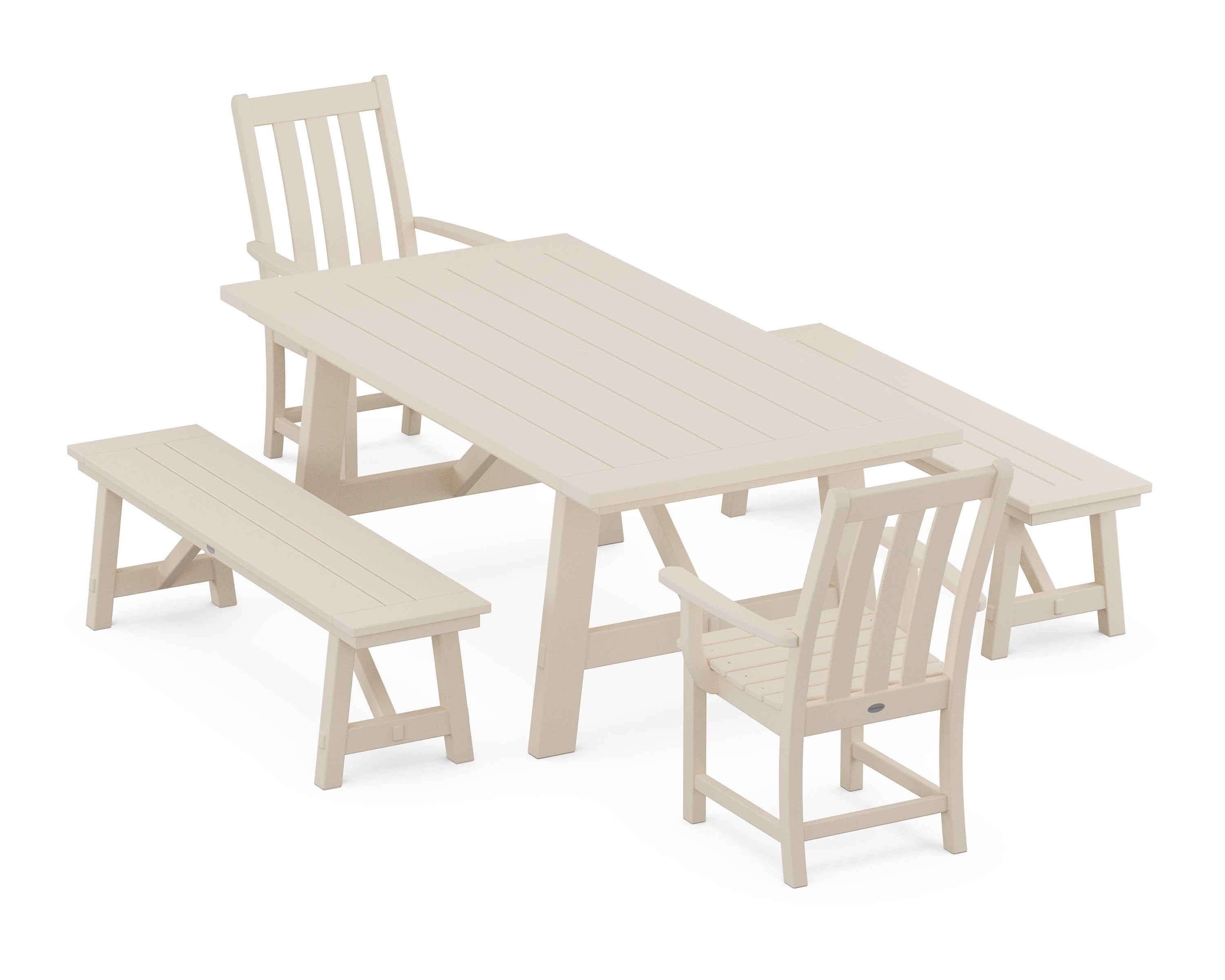 Vineyard 5-Piece Rustic Farmhouse Dining Set With Benches in Sand
