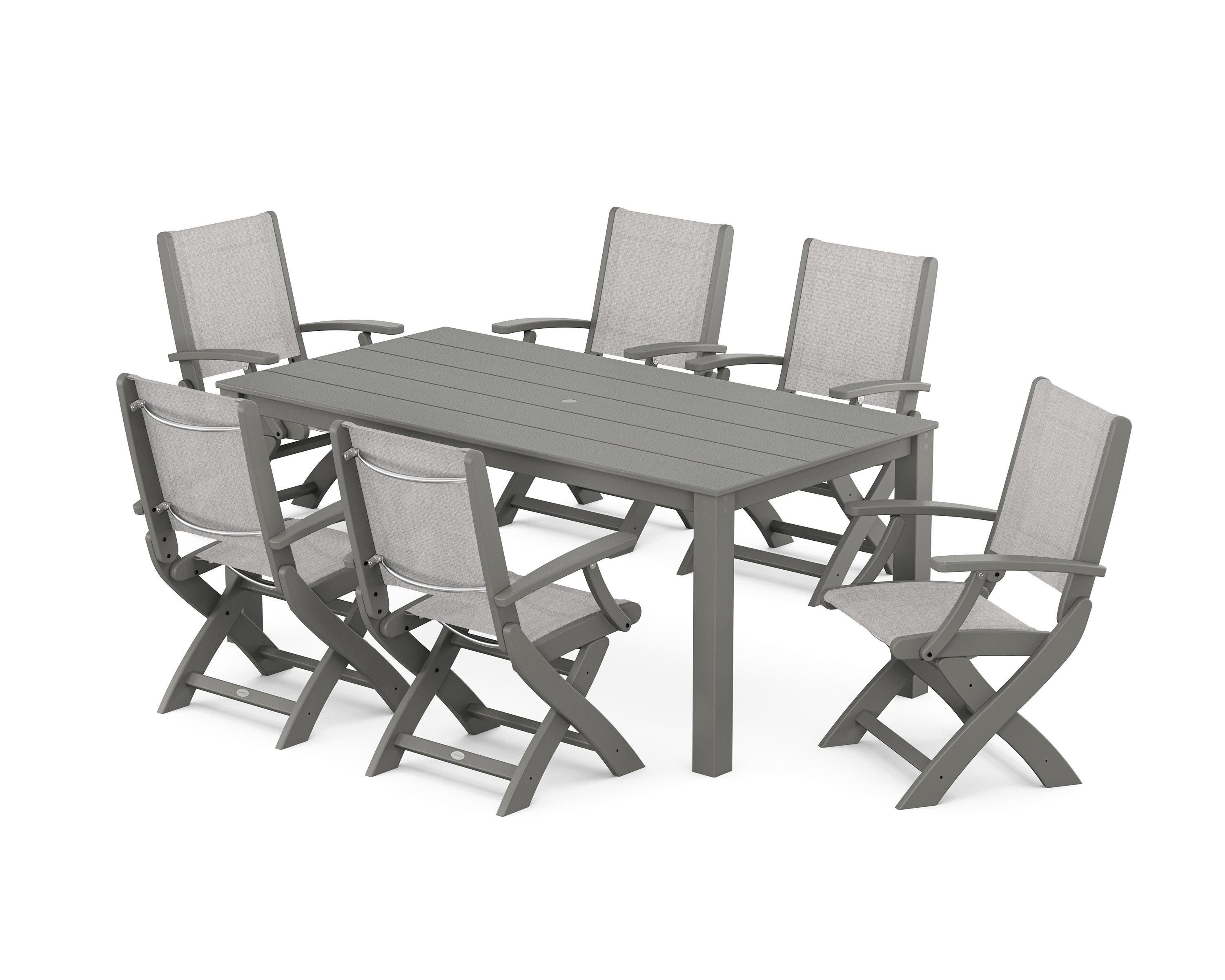 Coastal Folding Chair 7-Piece Parsons Dining Set in Sand / Dupioni Apricot Sling