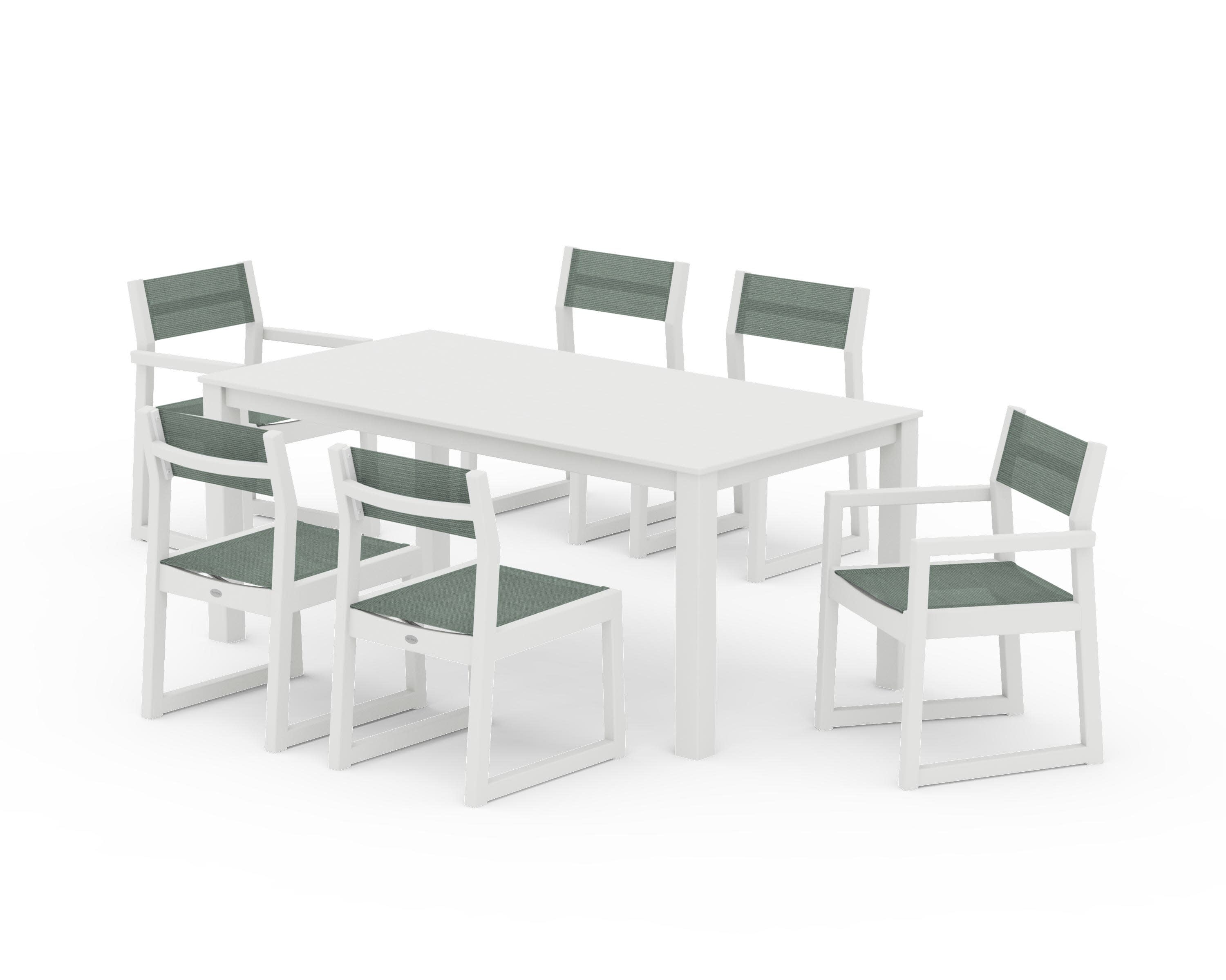 EDGE Sling 7-Piece Parsons Dining Set in Vintage White / Dupioni Sea Mist Sling