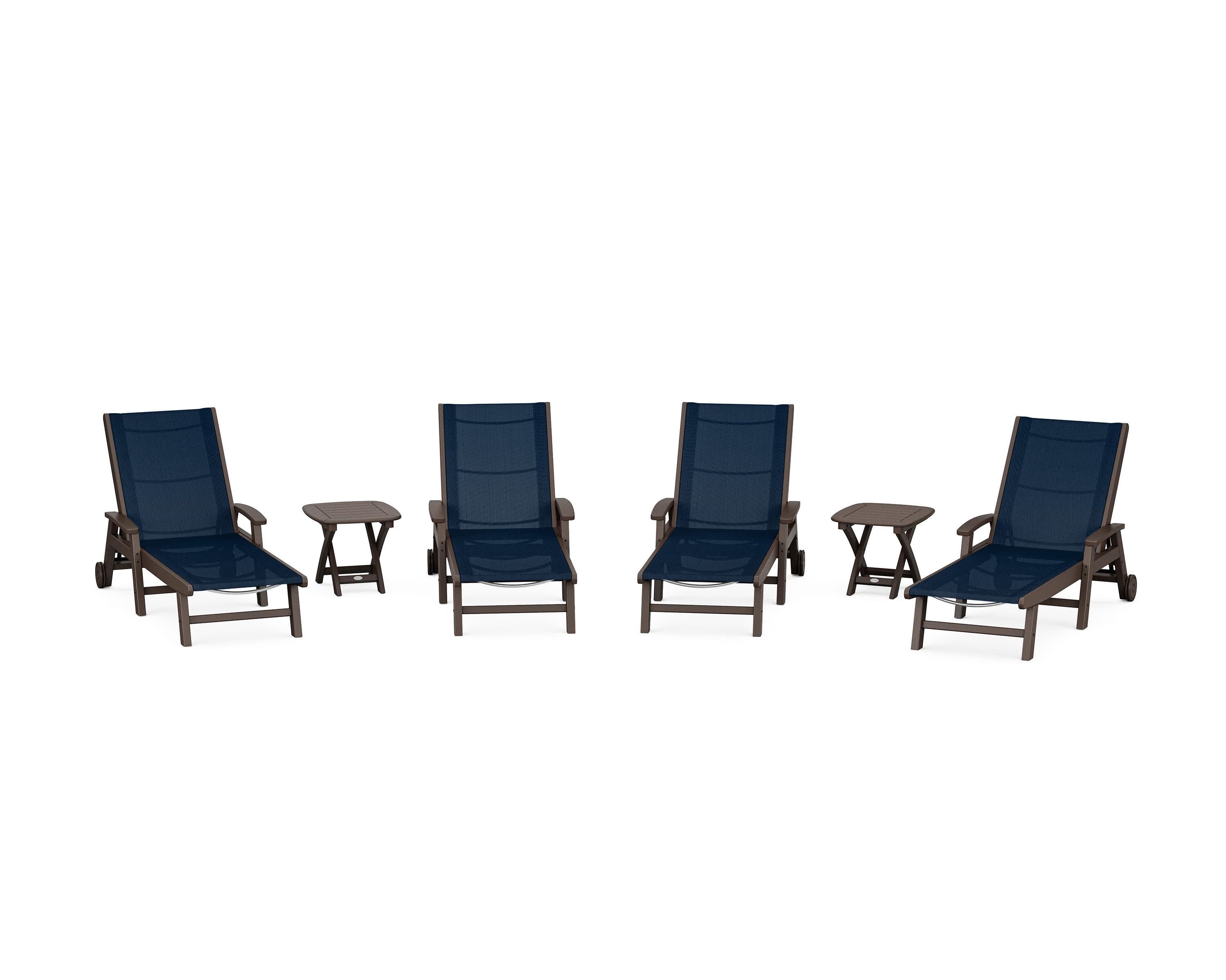 Coastal Chaise 6-Piece Set with Wheels in Mahogany / Navy Blue Sling