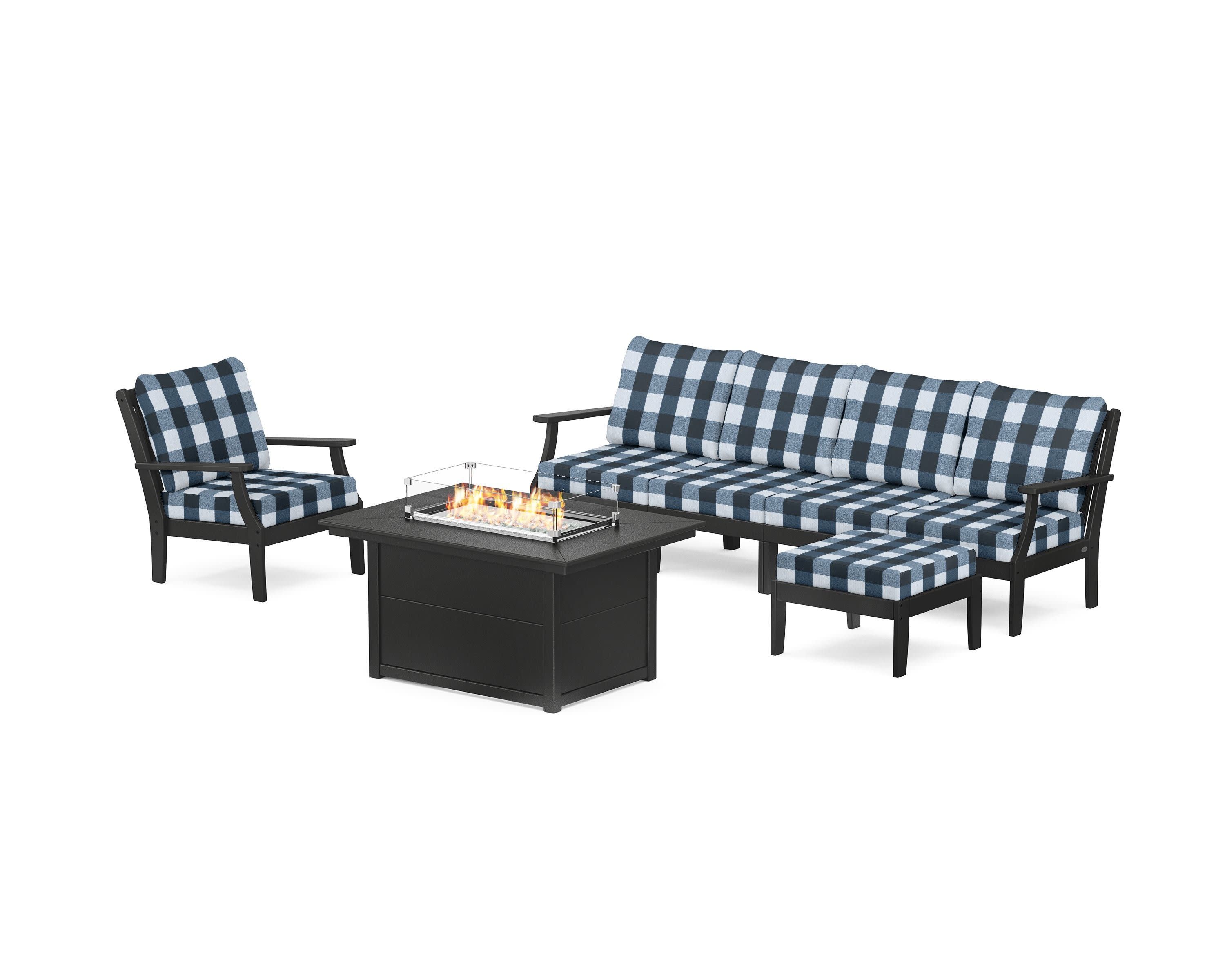 Braxton Sectional Lounge and Fire Pit Set in Black / Buffalo Plaid Marine Indigo