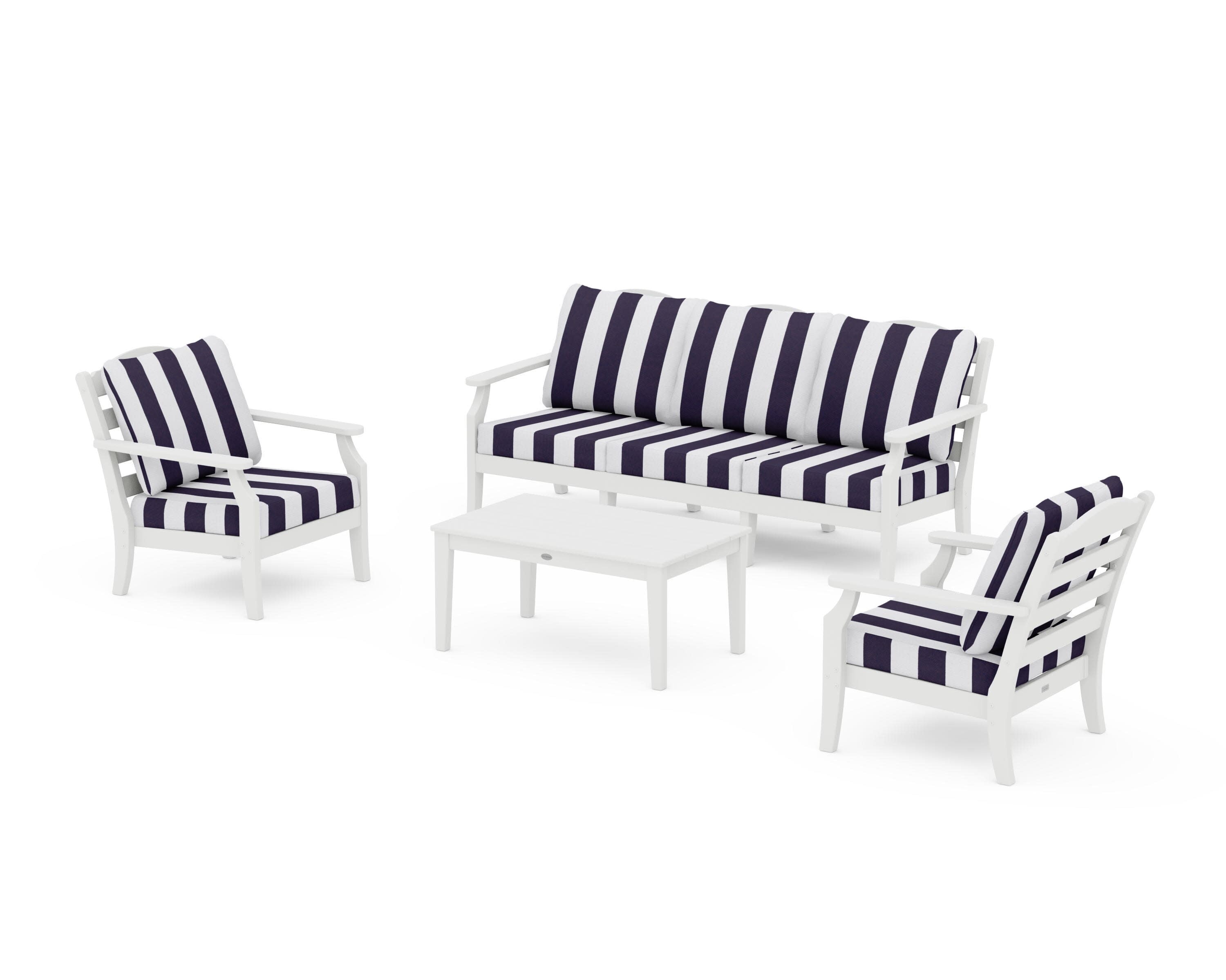 Savannah 4-Piece Deep Seating Set with Sofa in White / Cabana Stripe Navy