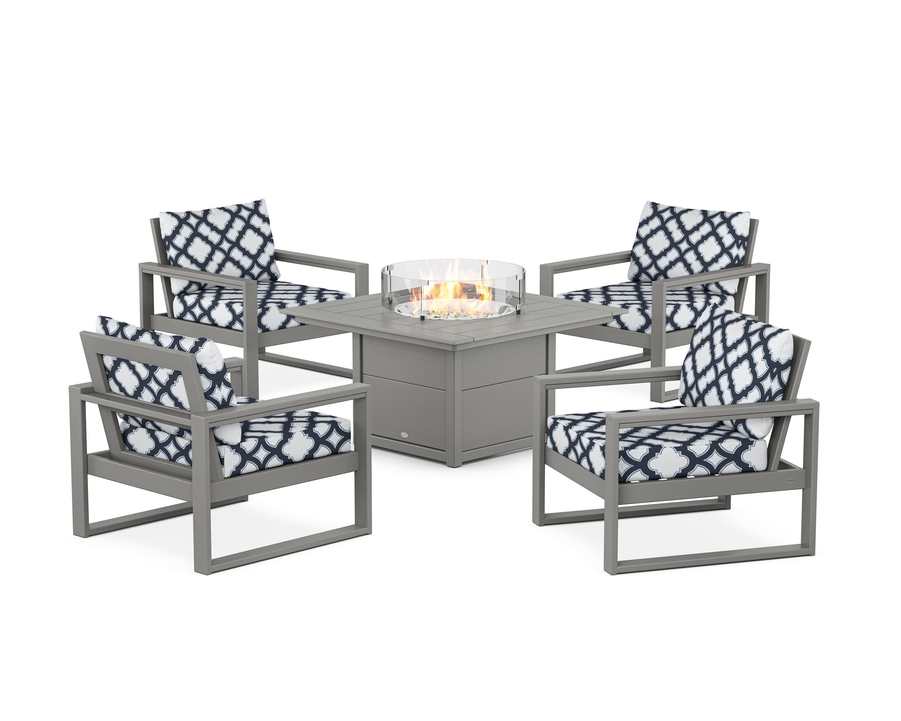 EDGE Sectional 5-Piece Deep Seating Set with Fire Pit Table in Slate Grey / Trellis Marine Indigo