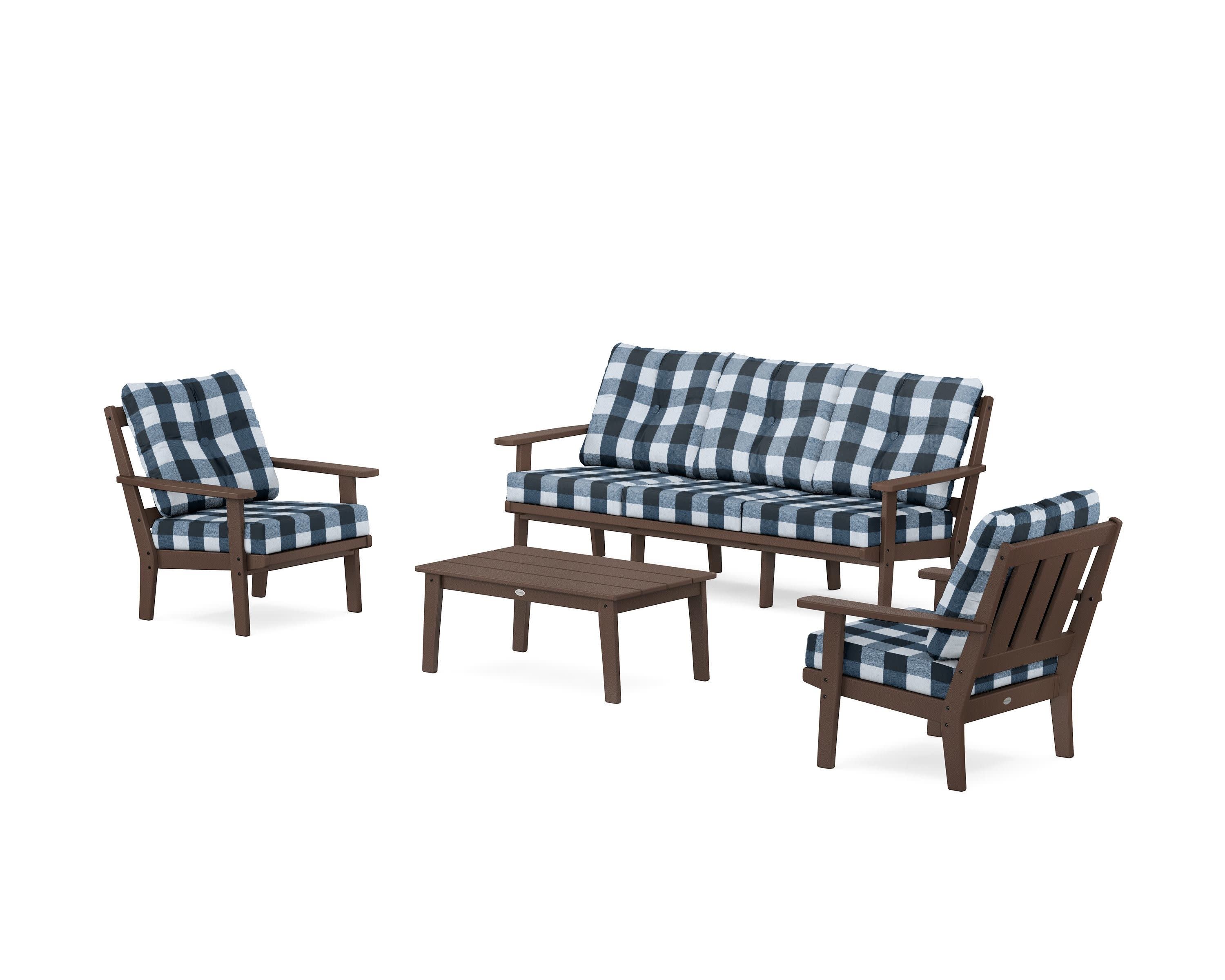 Oxford 4-Piece Deep Seating Set with Sofa in Mahogany / Buffalo Plaid Marine Indigo