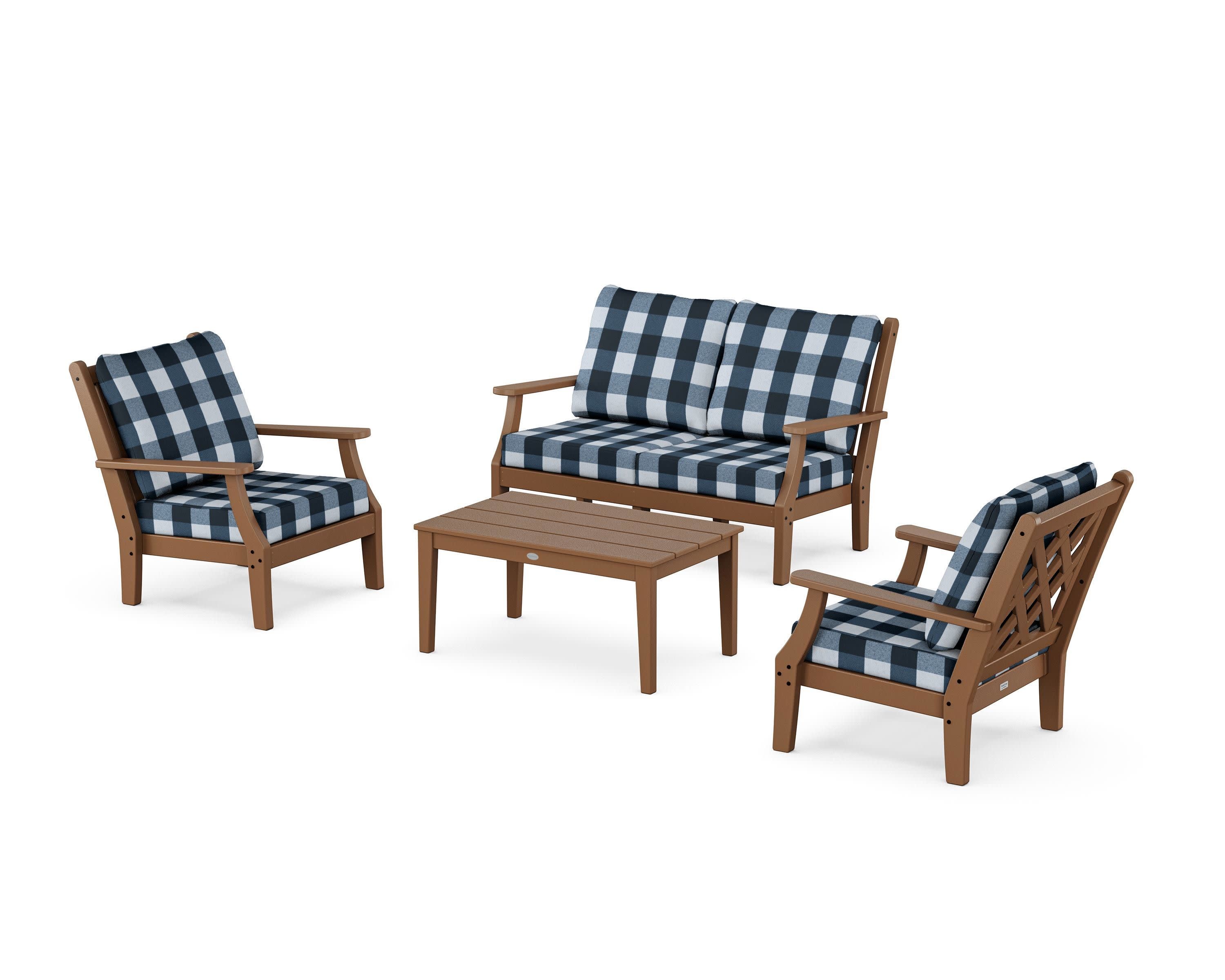 Wovendale 4-Piece Deep Seating Set with Loveseat in Teak / Buffalo Plaid Marine Indigo