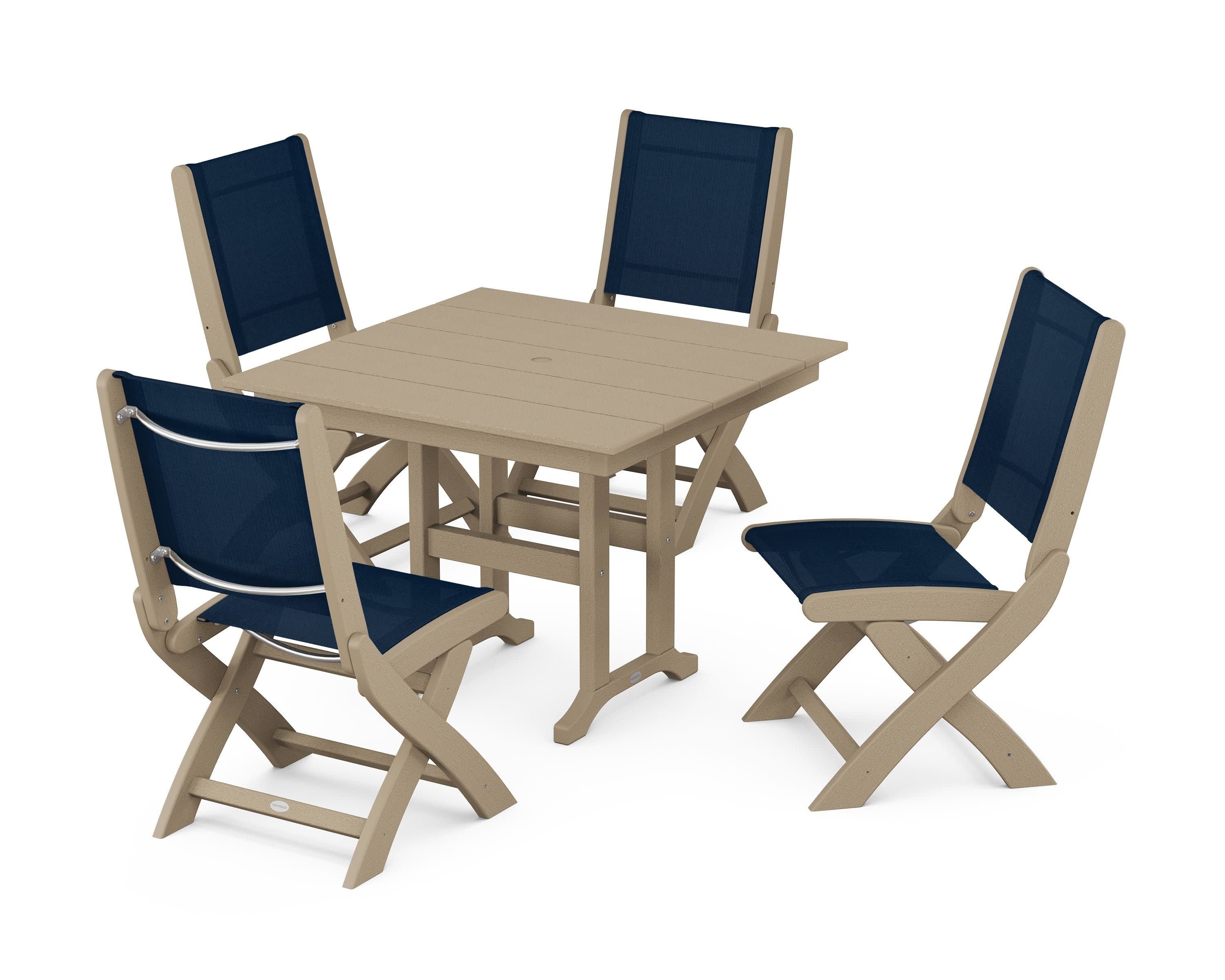 Coastal Folding Side Chair 5-Piece Farmhouse Dining Set in Vintage Sahara / Navy Blue Sling