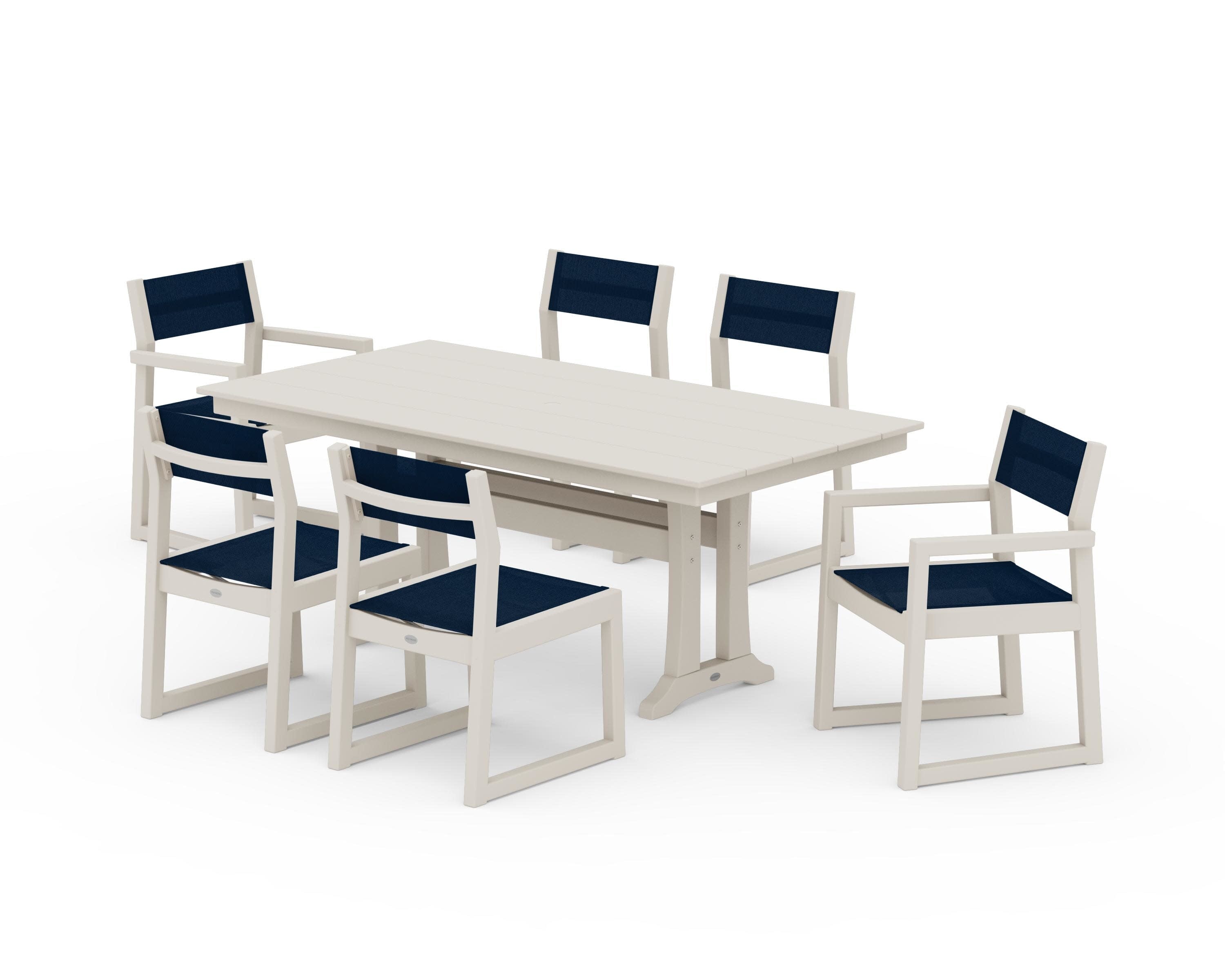 EDGE Sling 7-Piece Farmhouse Trestle Dining Set in Sand / Navy Blue Sling