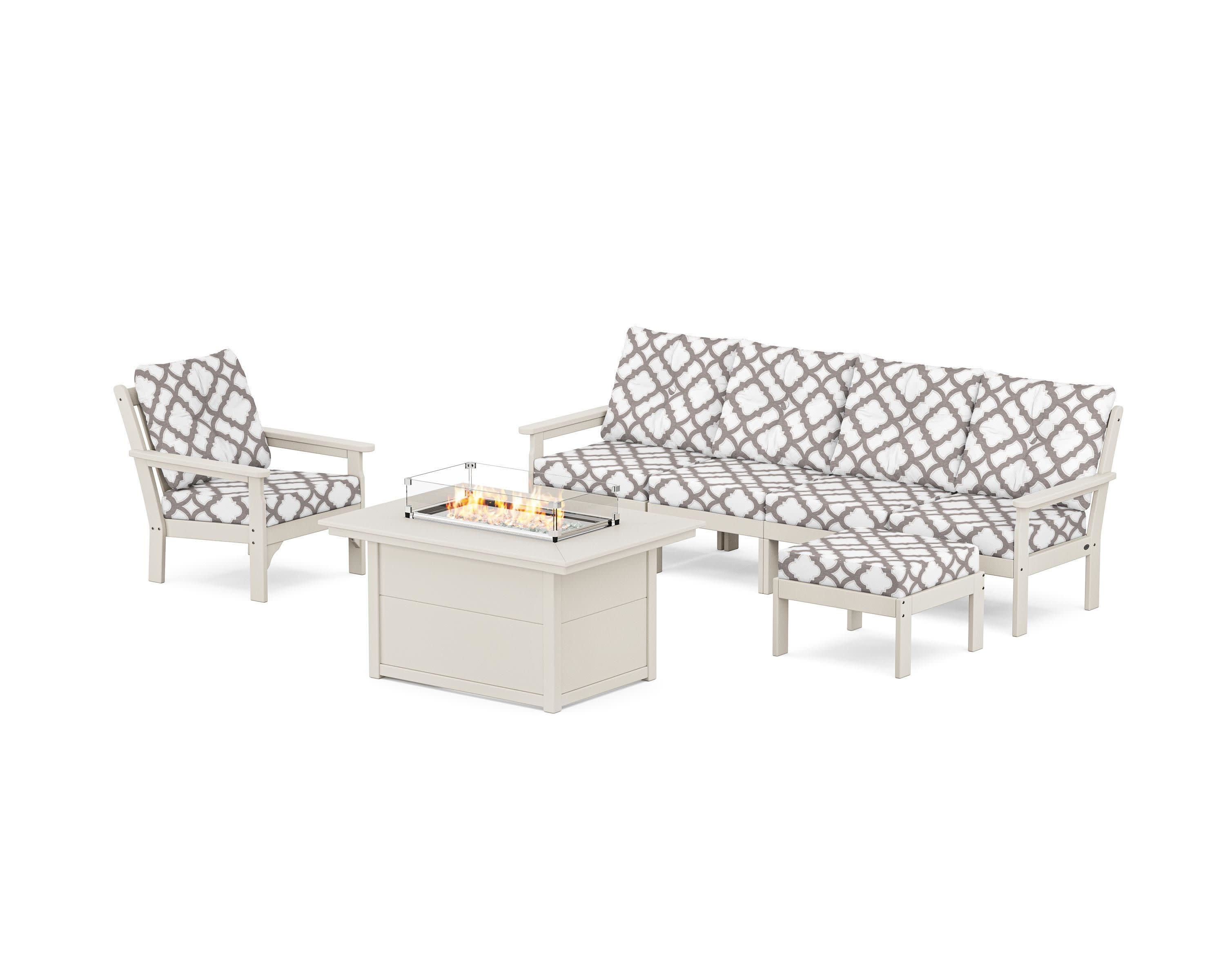 Vineyard Sectional Lounge and Fire Pit Set in Sand / Trellis Grey Mist