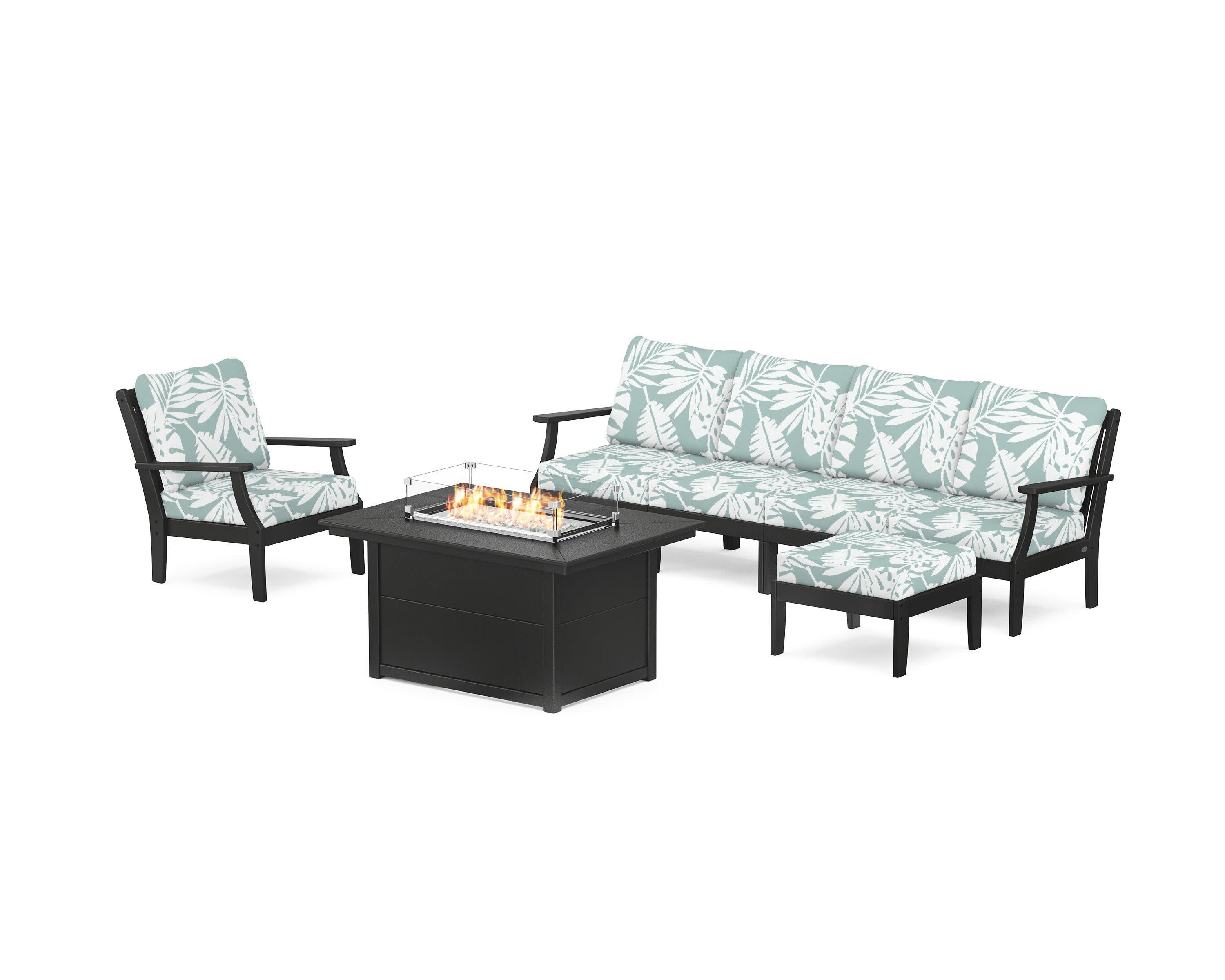 Braxton Sectional Lounge and Fire Pit Set in Black / Leaf Glacier Spa