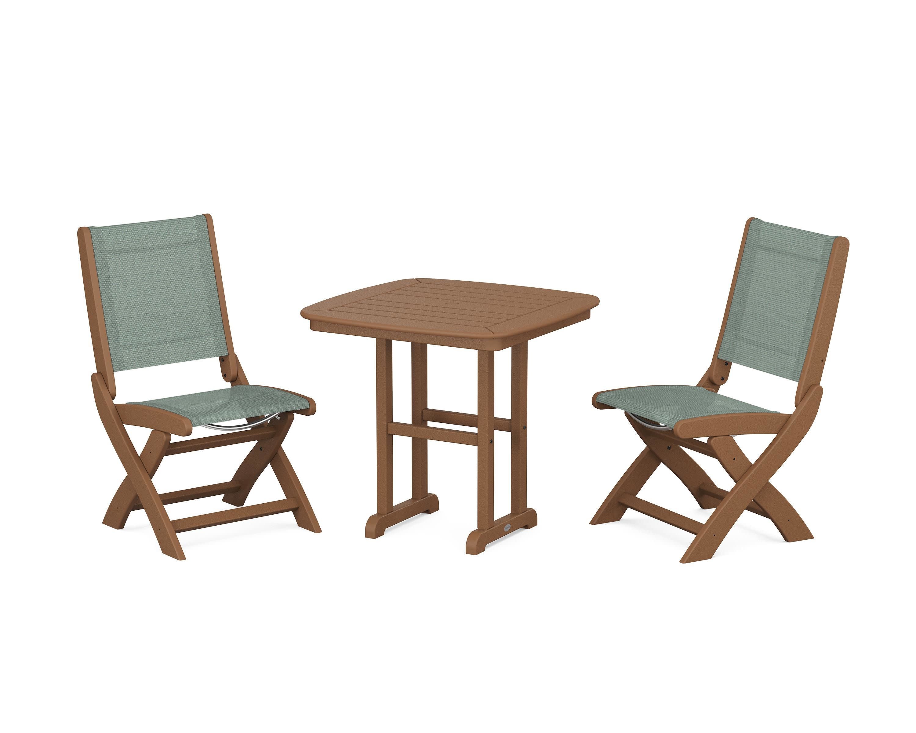 Coastal Folding Side Chair 3-Piece Dining Set in Teak / Dupioni Sea Mist Sling