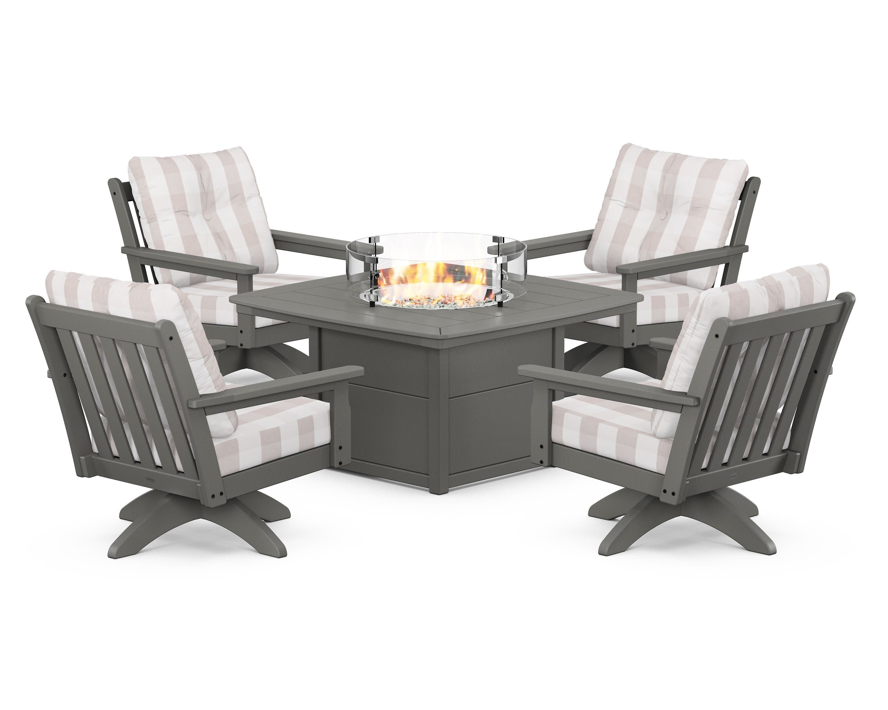 Vineyard 5-Piece Deep Seating Swivel Conversation Set with Fire Pit Table in Slate Grey / Buffalo Plaid Dune Burlap