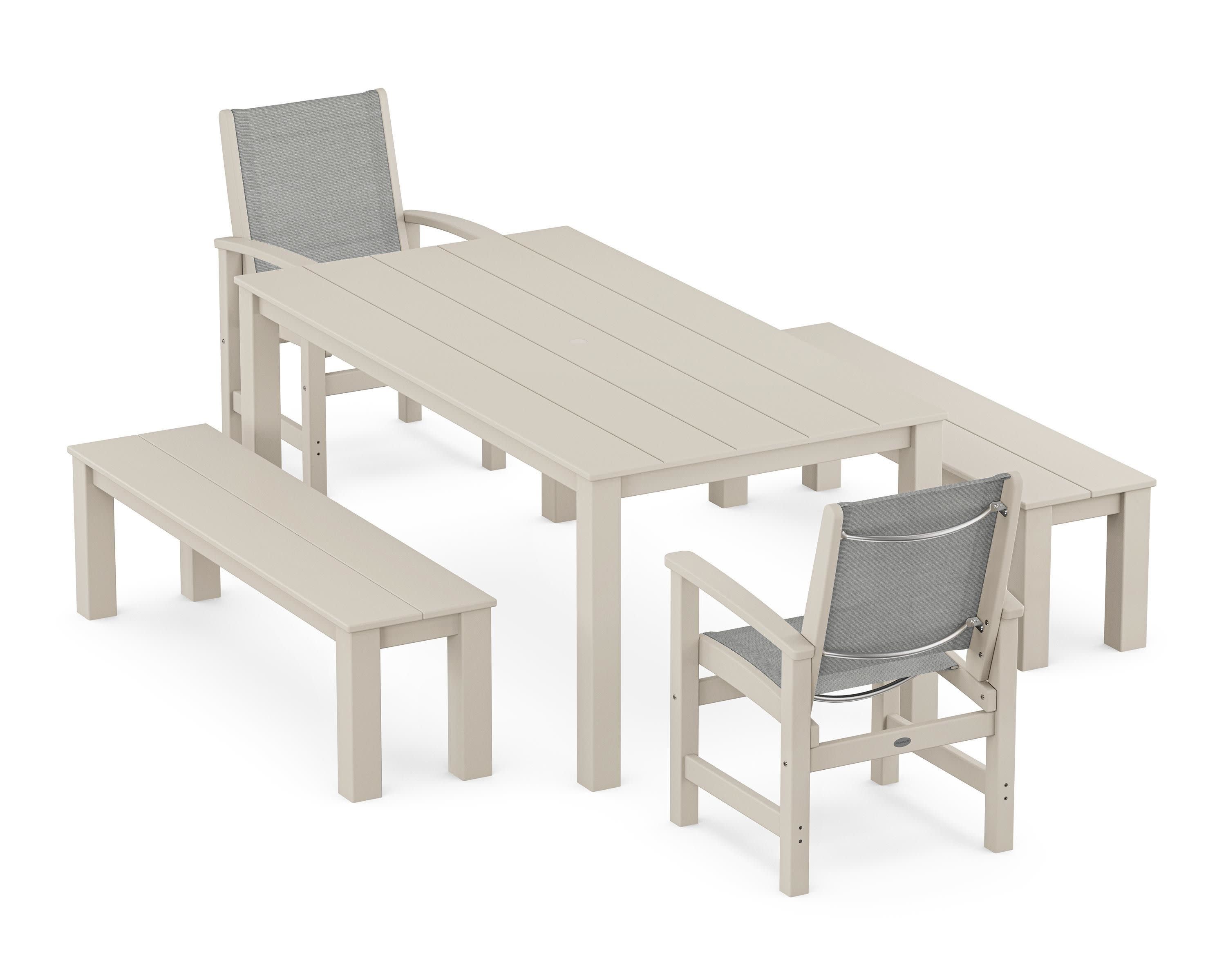 Coastal 5-Piece Parsons Dining Set with Benches in Sand / Metallic Sling