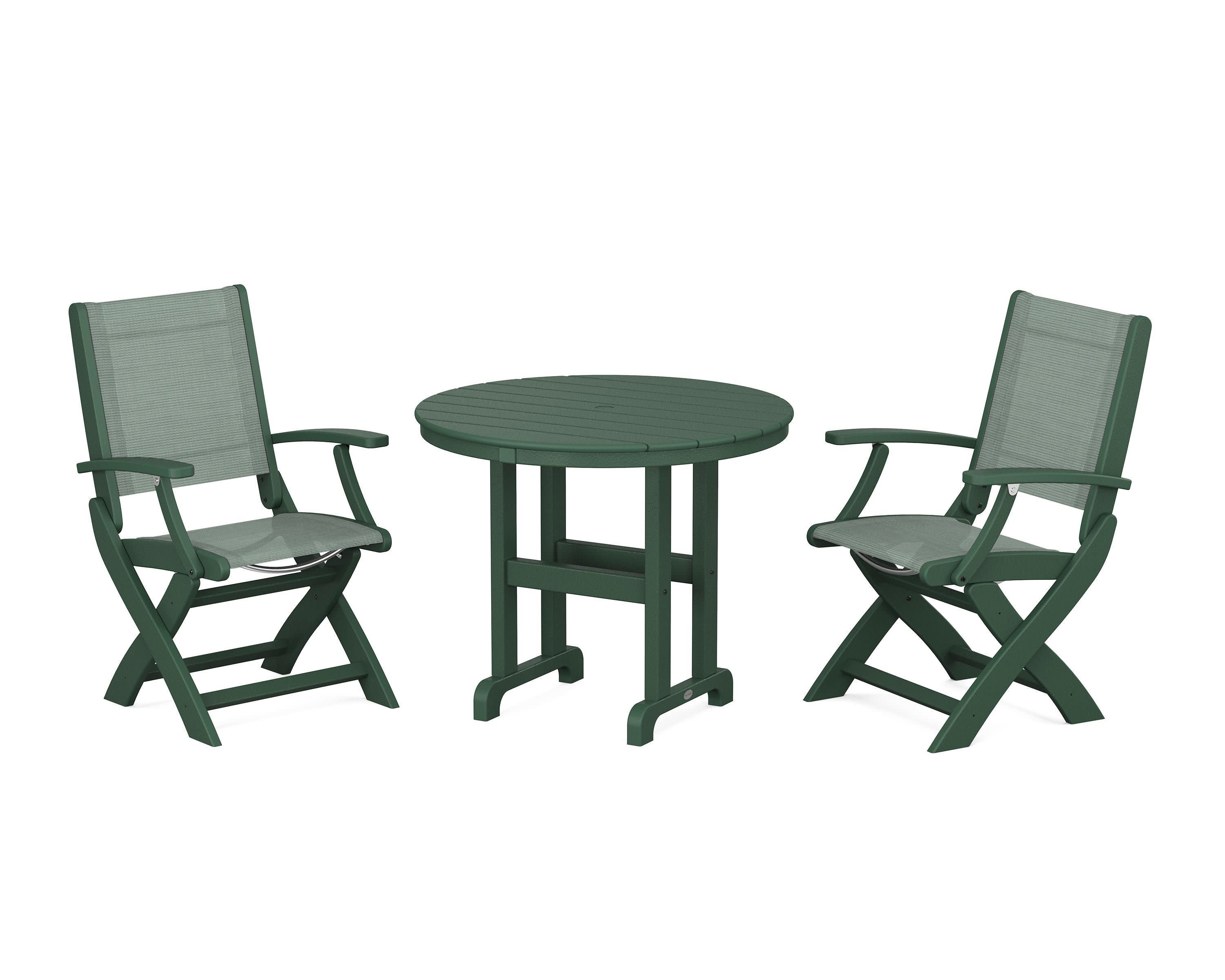 Coastal Folding Chair 3-Piece Round Dining Set in Green / Dupioni Sea Mist Sling