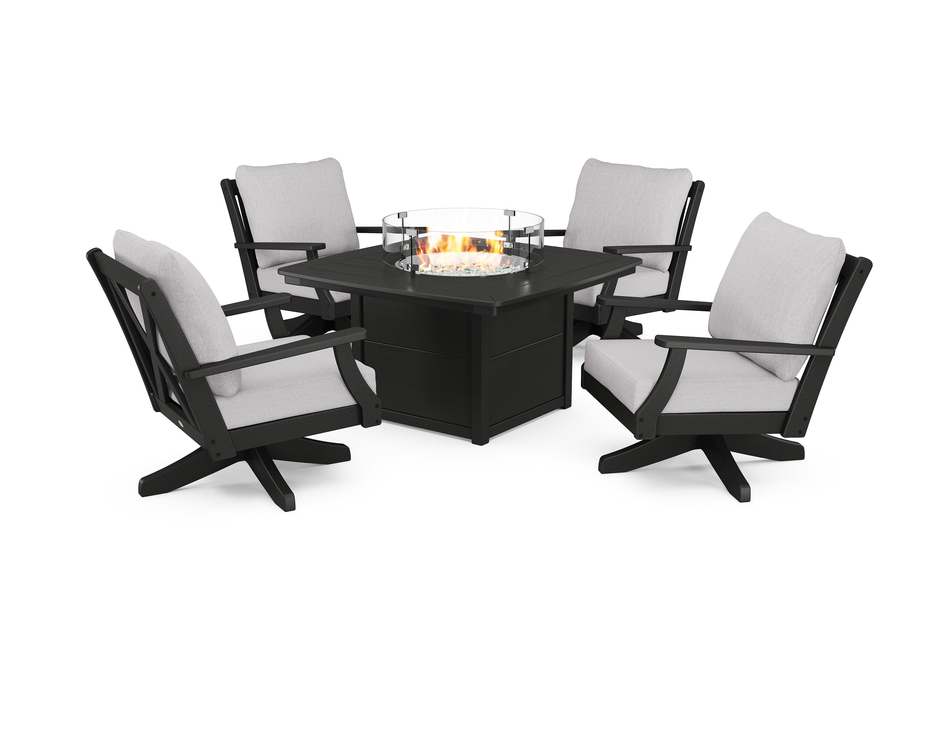 Braxton 5-Piece Deep Seating Swivel Conversation Set with Fire Pit Table in Black / Granite