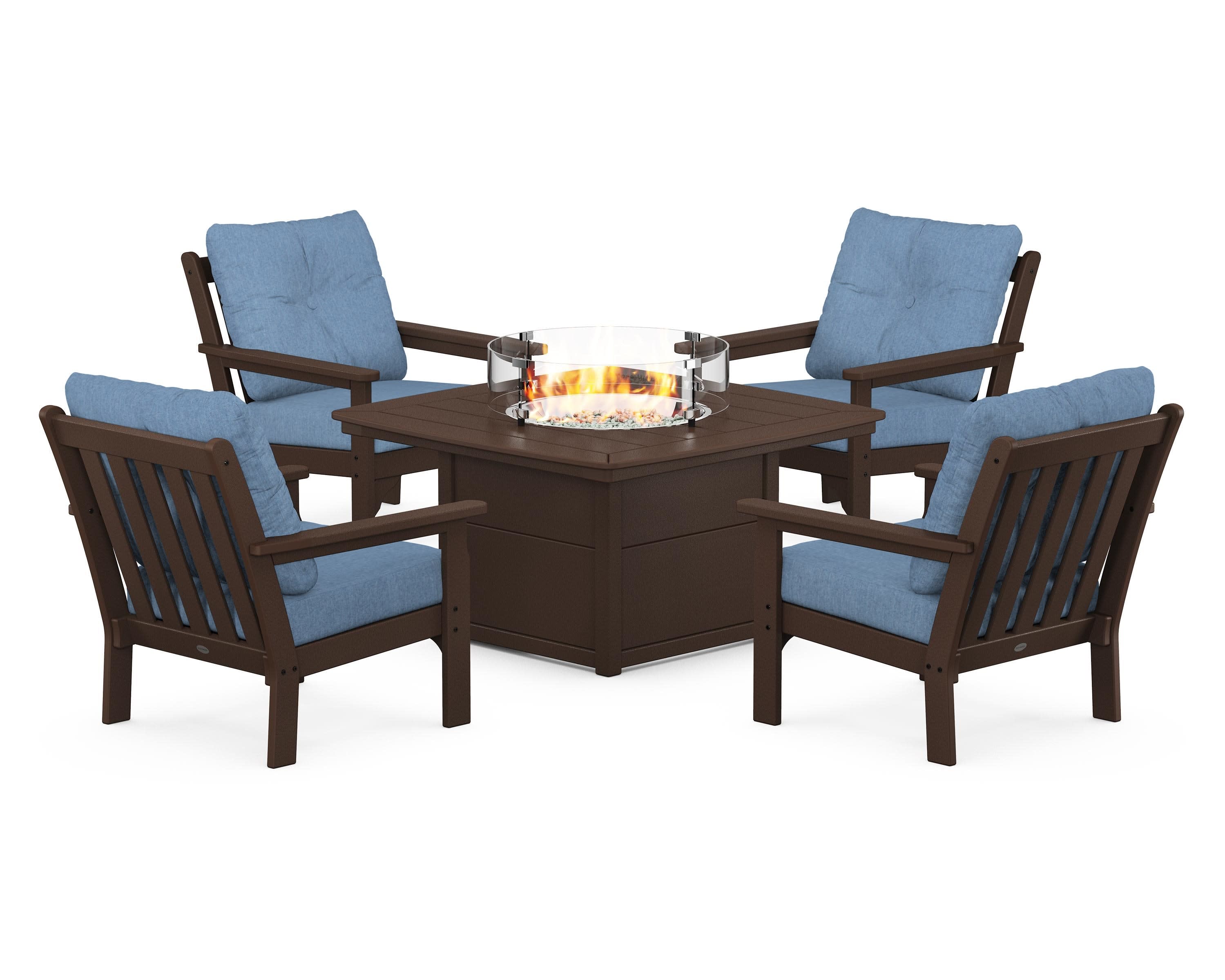 Vineyard 5-Piece Conversation Set with Fire Pit Table in Mahogany / Sky Blue