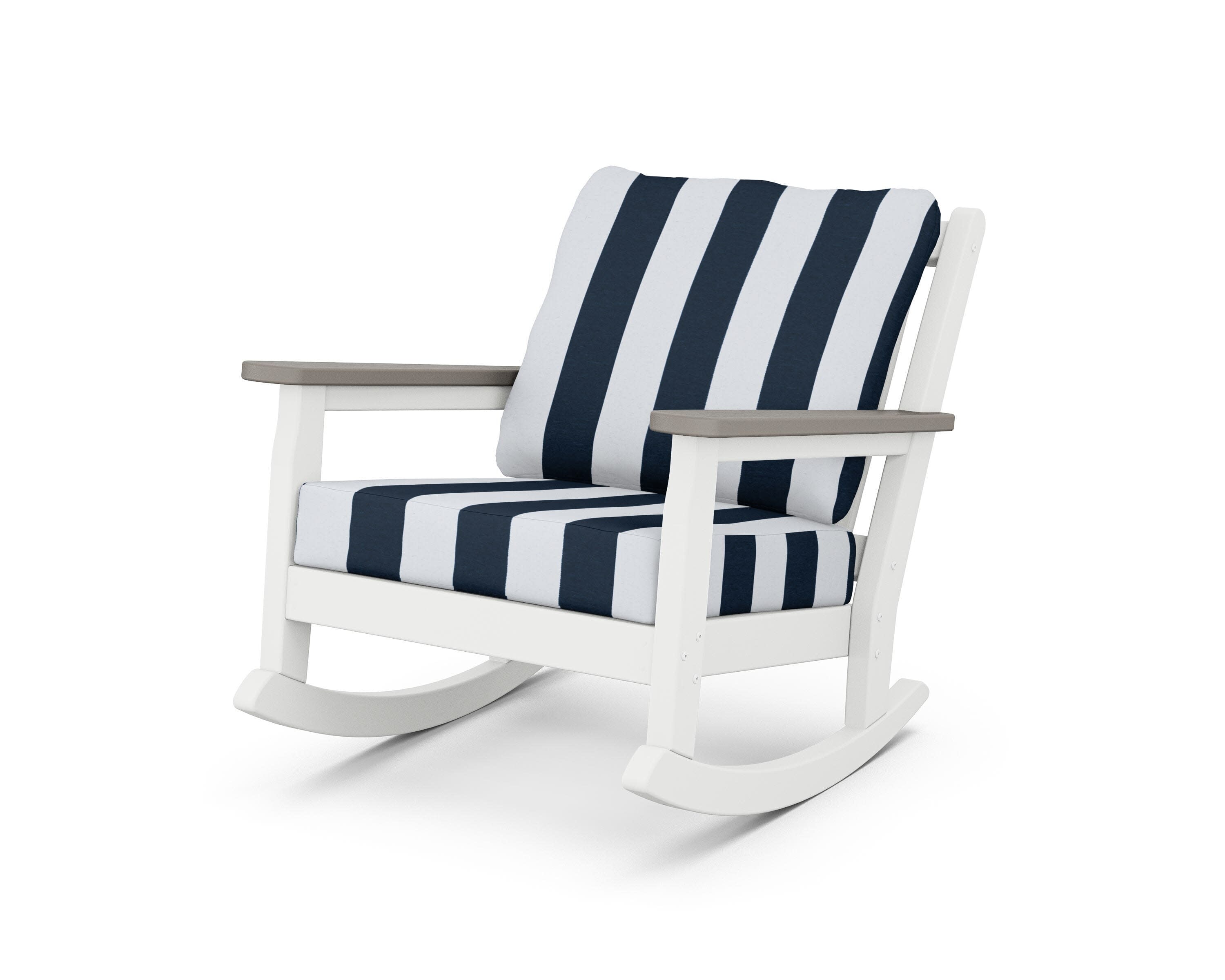Chippendale Deep Seating Rocking Chair in White / Driftwood / Cabana Stripe Marine Indigo