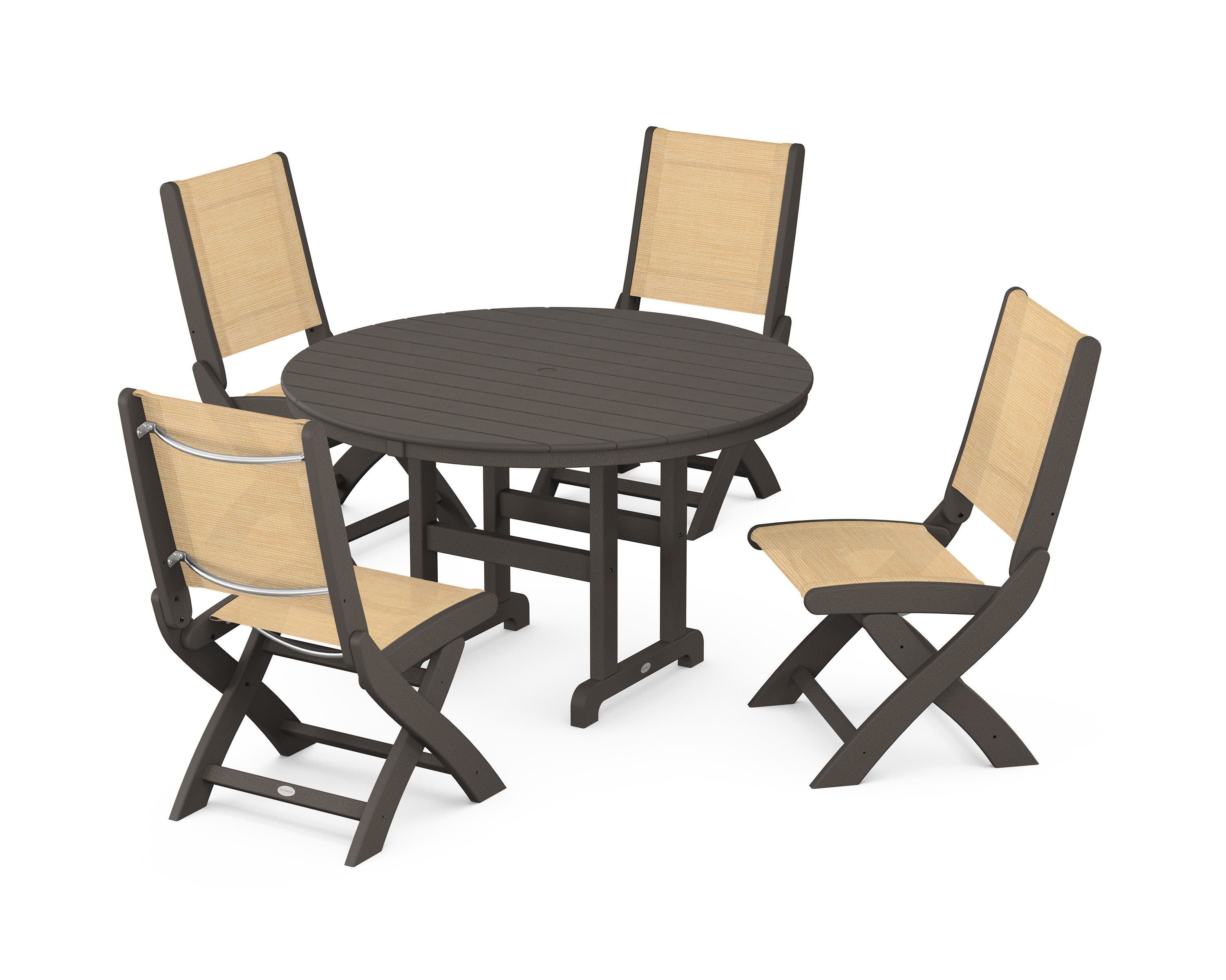 Coastal Folding Side Chair 5-Piece Round Dining Set in Vintage Coffee / Dupioni Apricot Sling