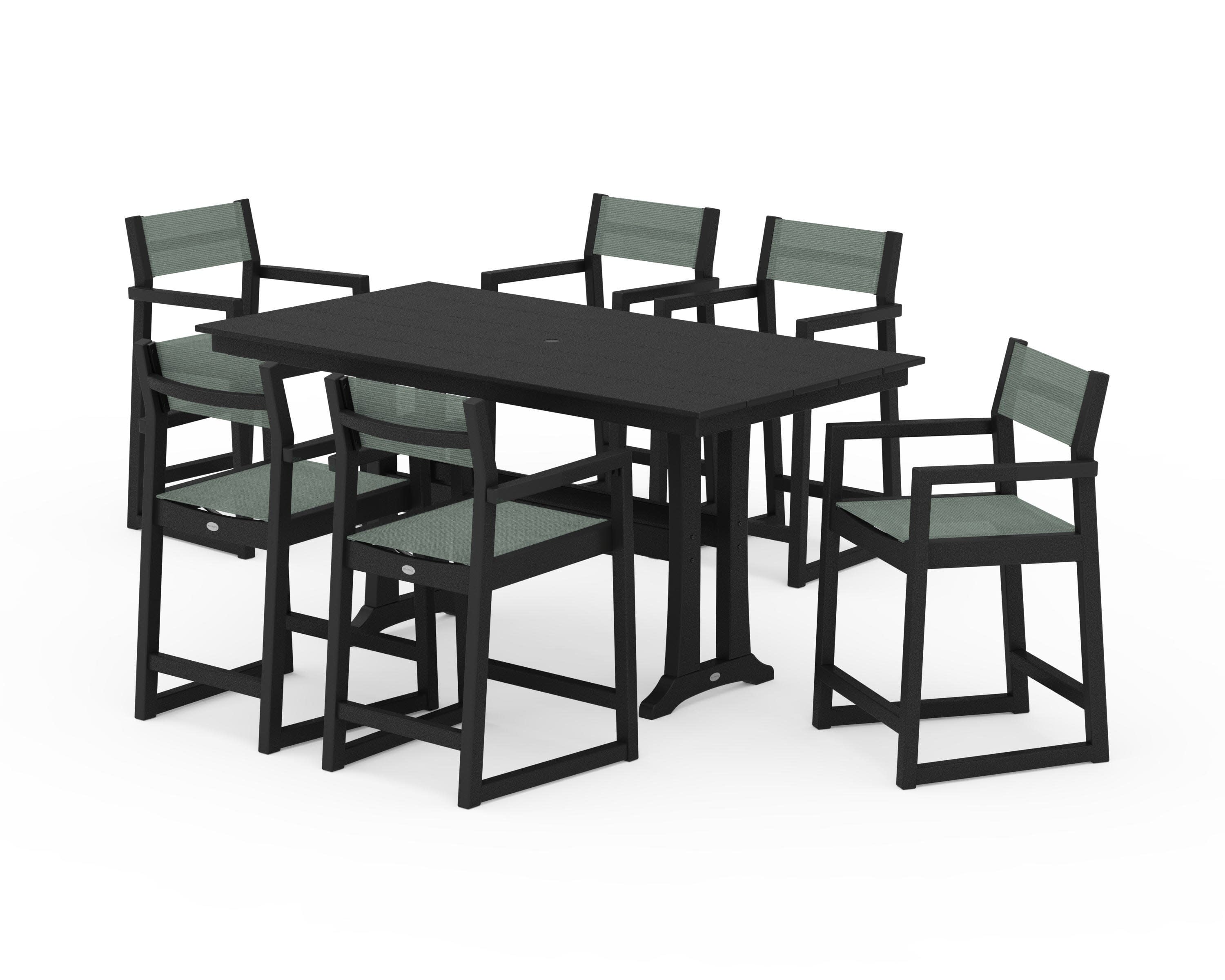 EDGE Sling Arm Chair 7-Piece Farmhouse Counter Set with Trestle Legs in Black / Dupioni Sea Mist Sling