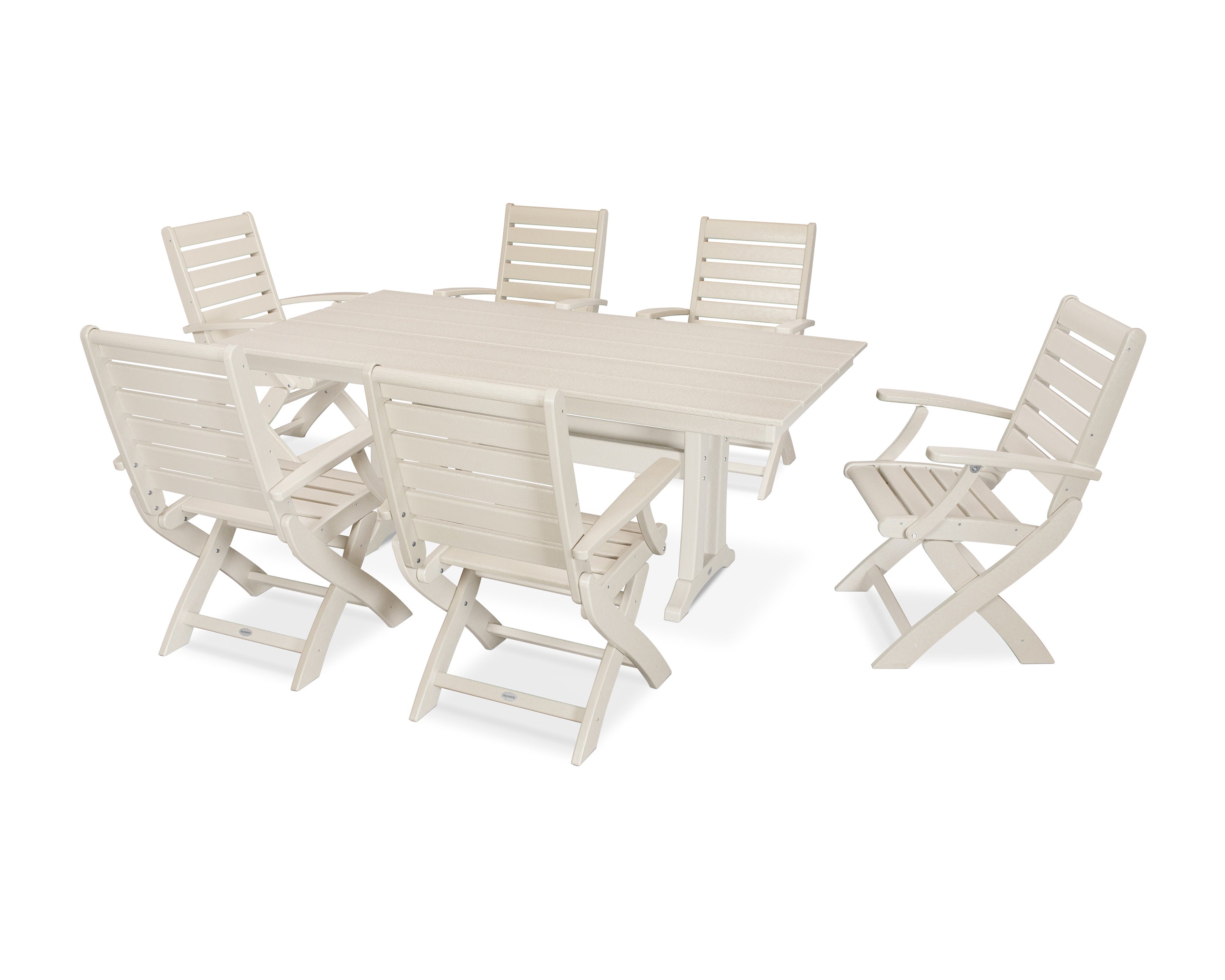Signature Folding Chair 7-Piece Farmhouse Dining Set with Trestle Legs in Sand