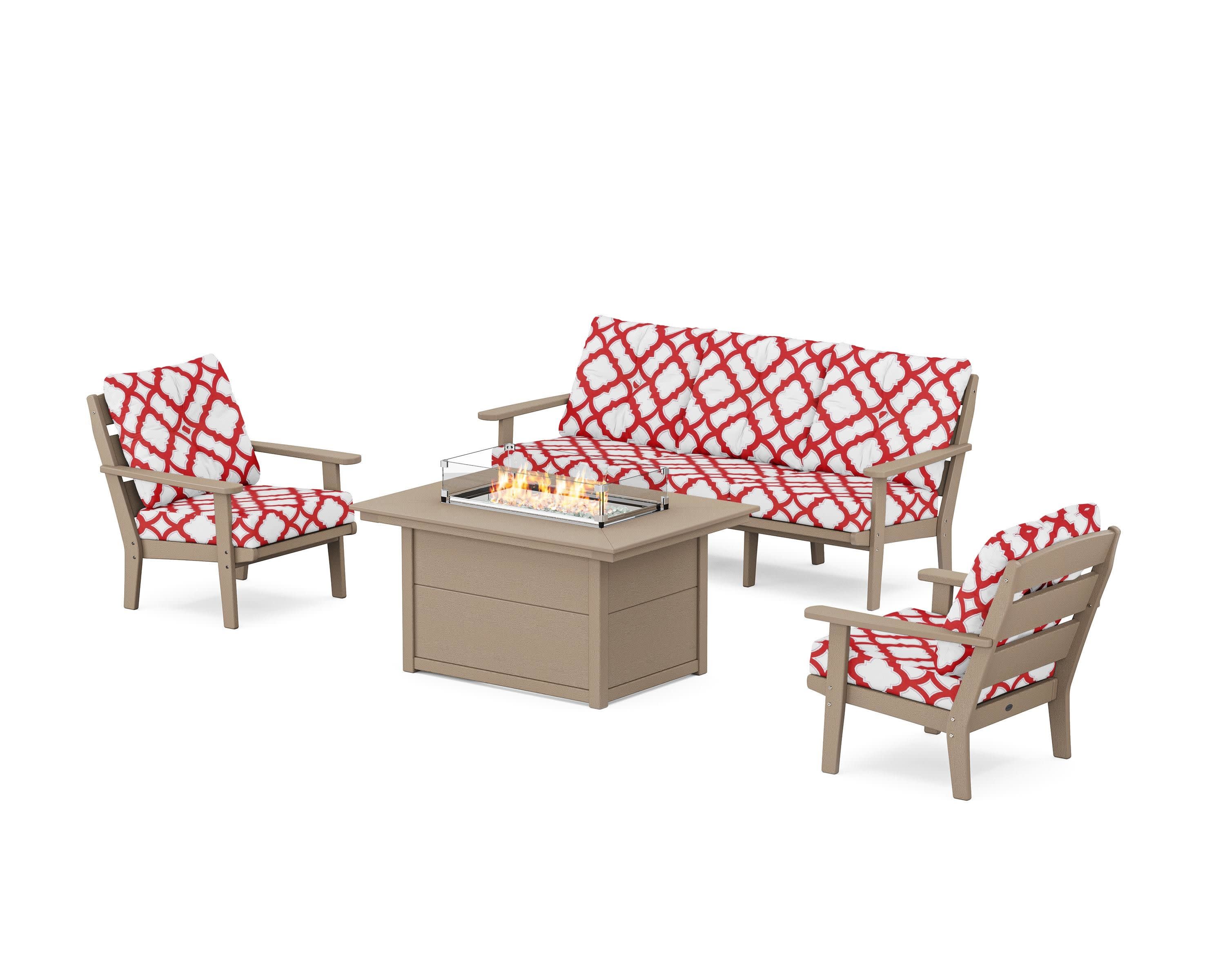 Lakeside Deep Seating Fire Pit Table Set in Vintage Sahara / Trellis Crimson