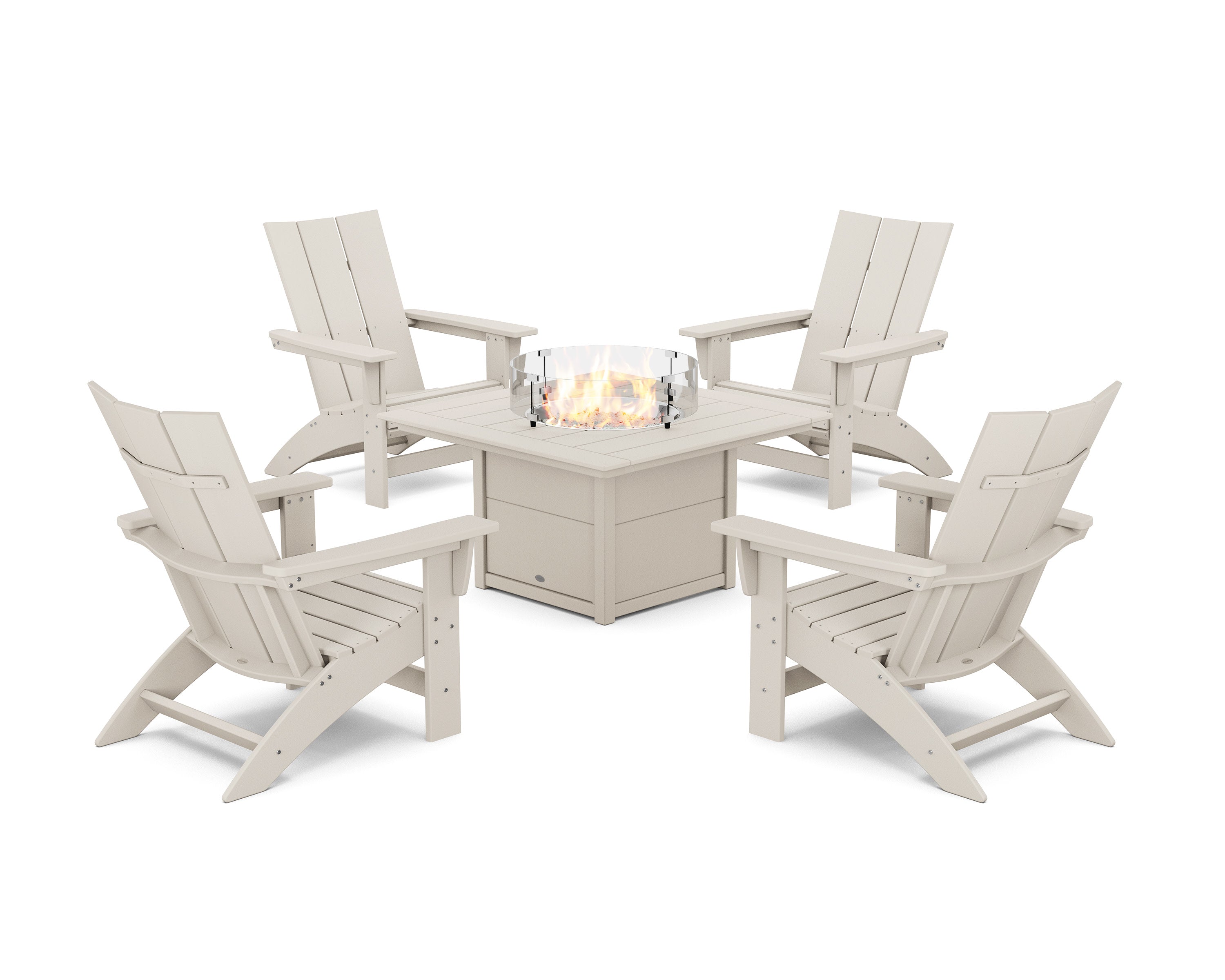 5-Piece Modern Grand Adirondack Conversation Set with Fire Pit Table in Sand