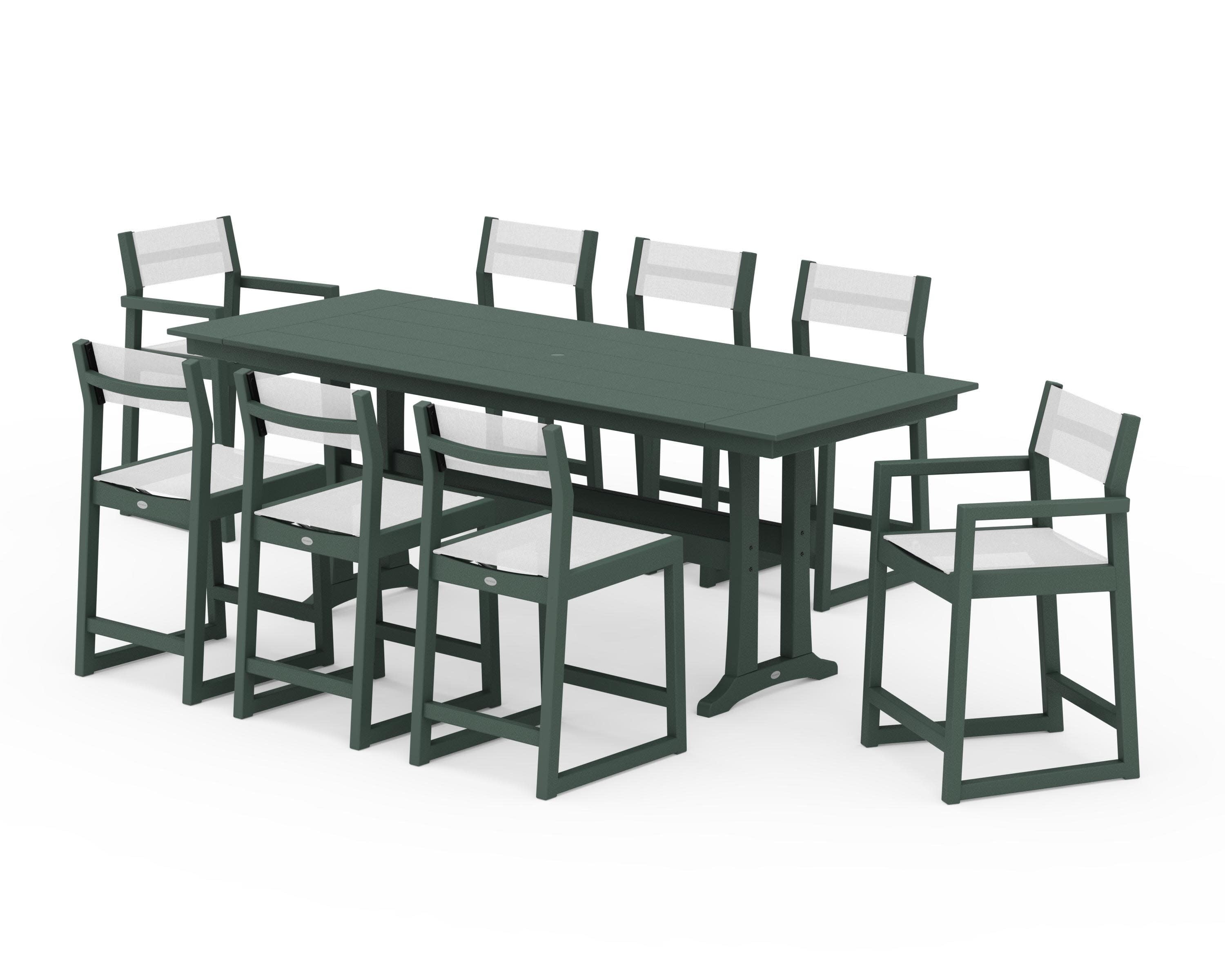 EDGE Sling 9-Piece Farmhouse Counter Set with Trestle Legs in Green / White Sling