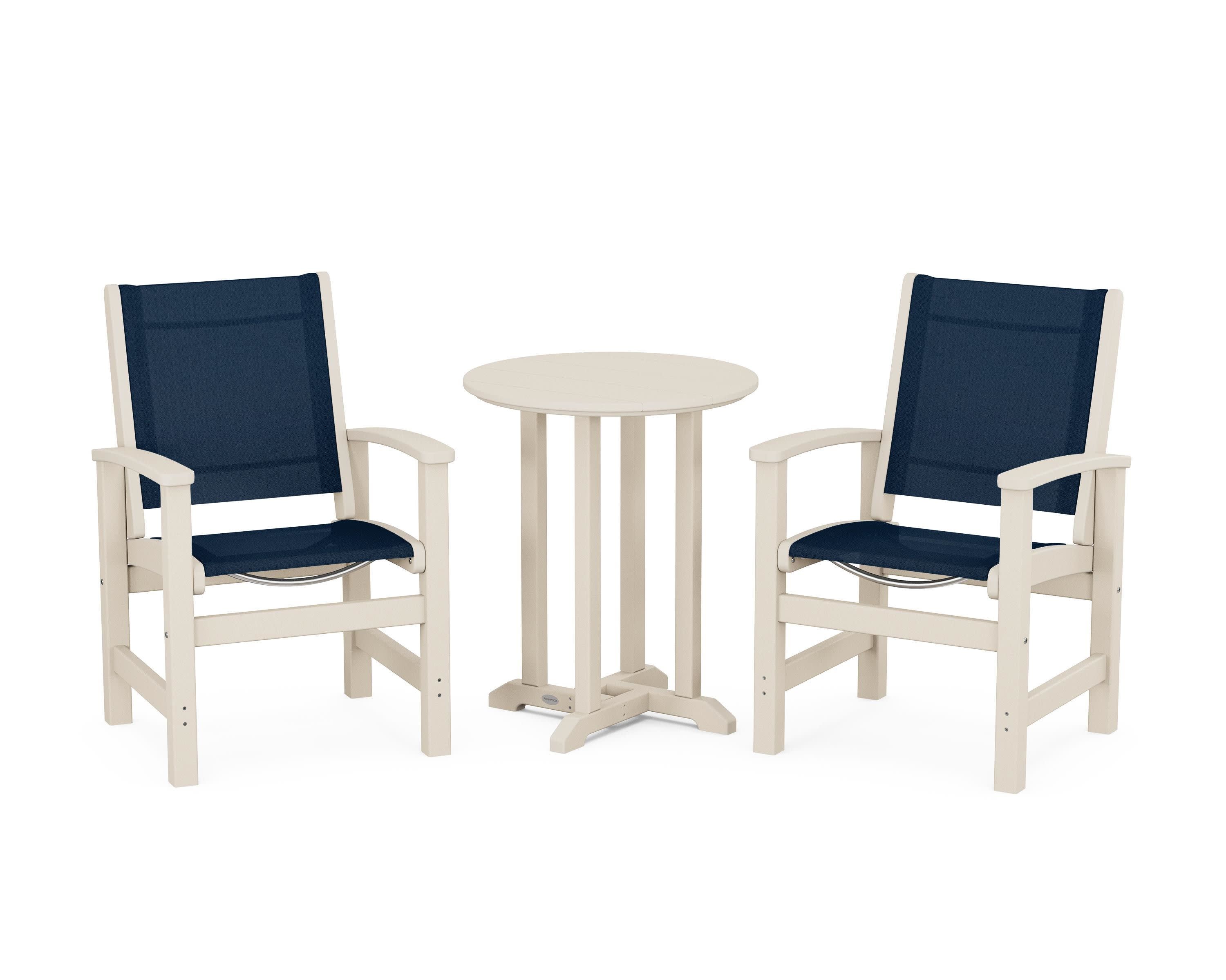 Coastal 3-Piece Round Bistro Dining Set in Sand / Navy Blue Sling