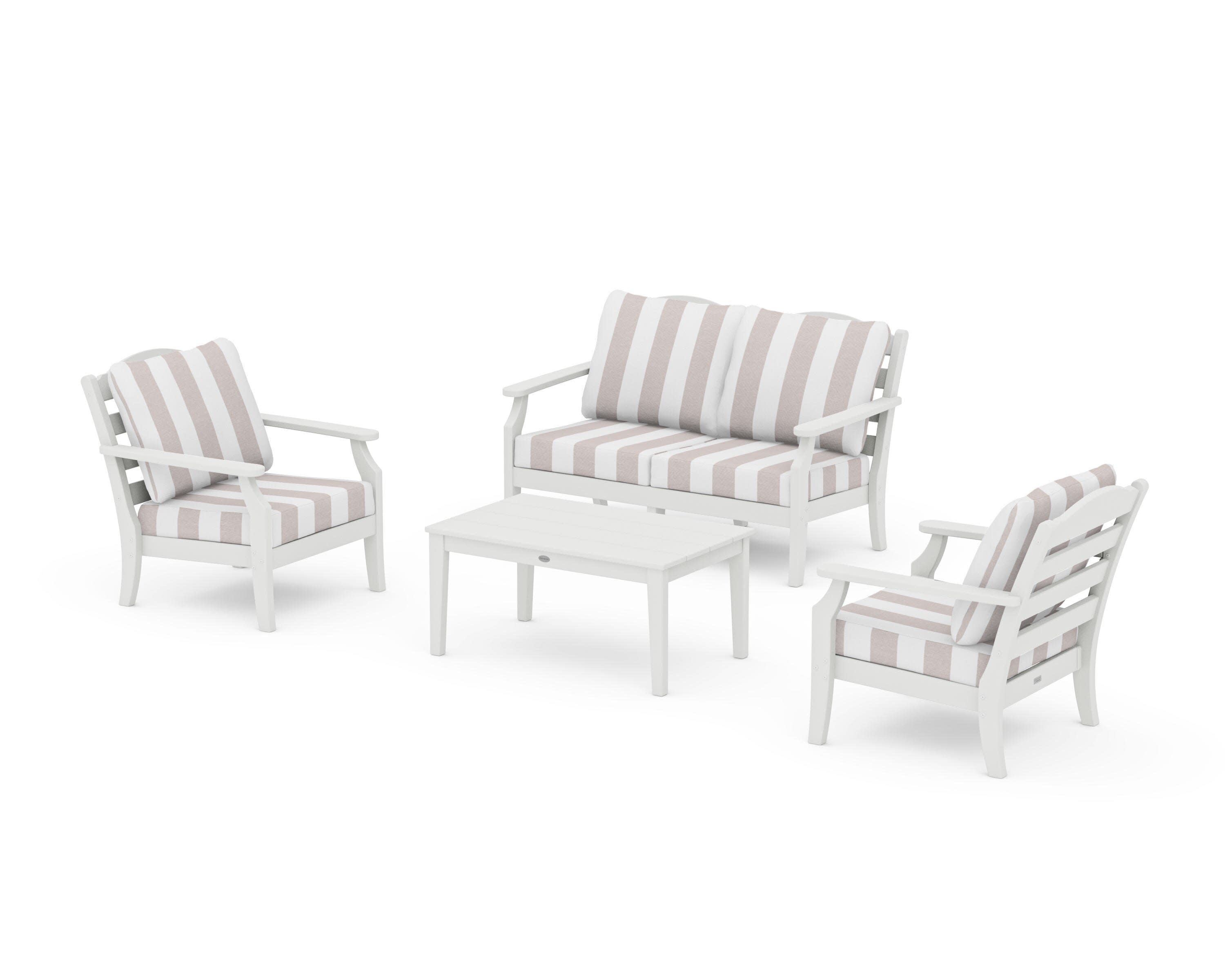 Savannah 4-Piece Deep Seating Set with Loveseat in Vintage White / Cabana Stripe Dune Burlap