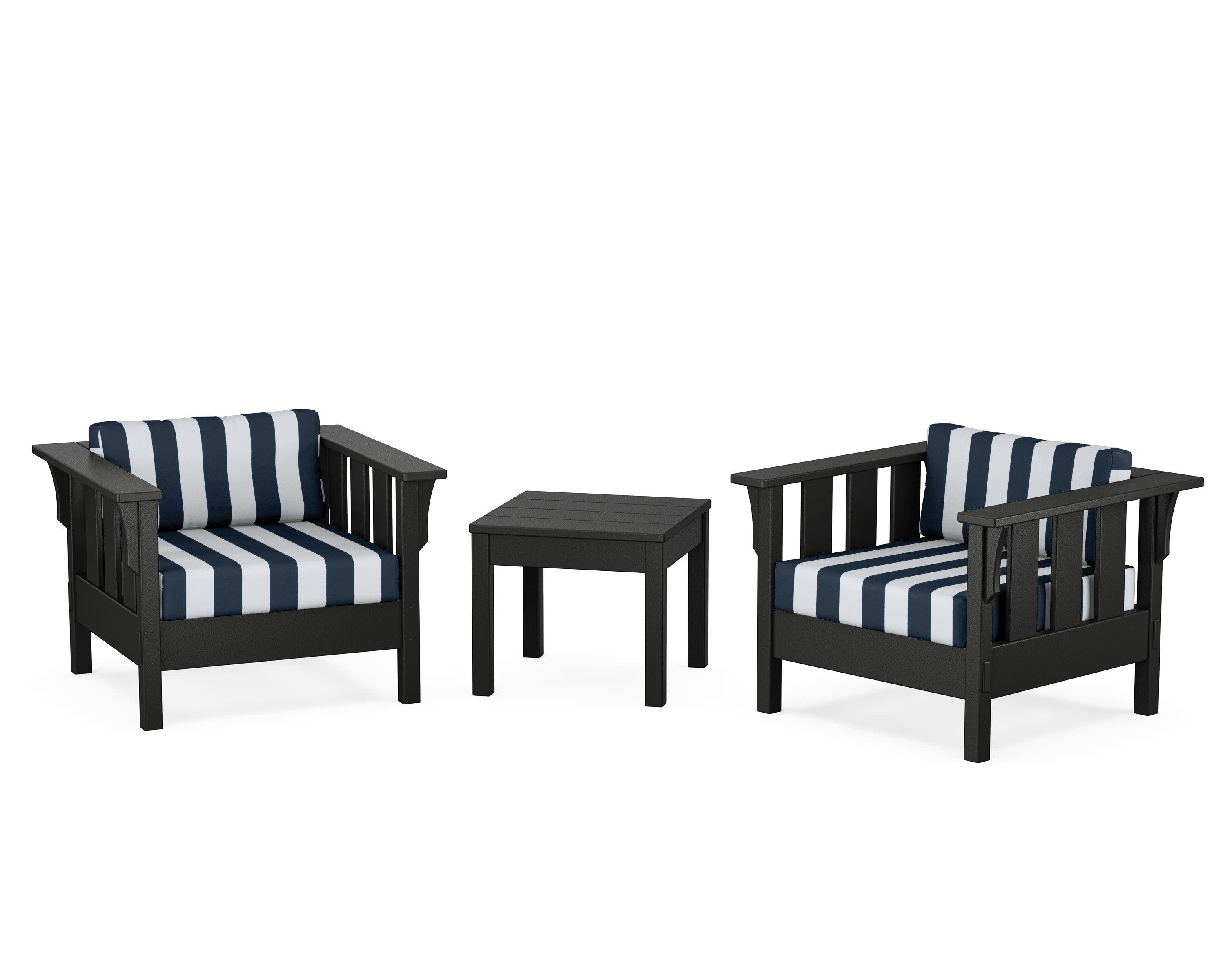 Acadia 3-Piece Deep Seating Set in Black / Cabana Stripe Marine Indigo