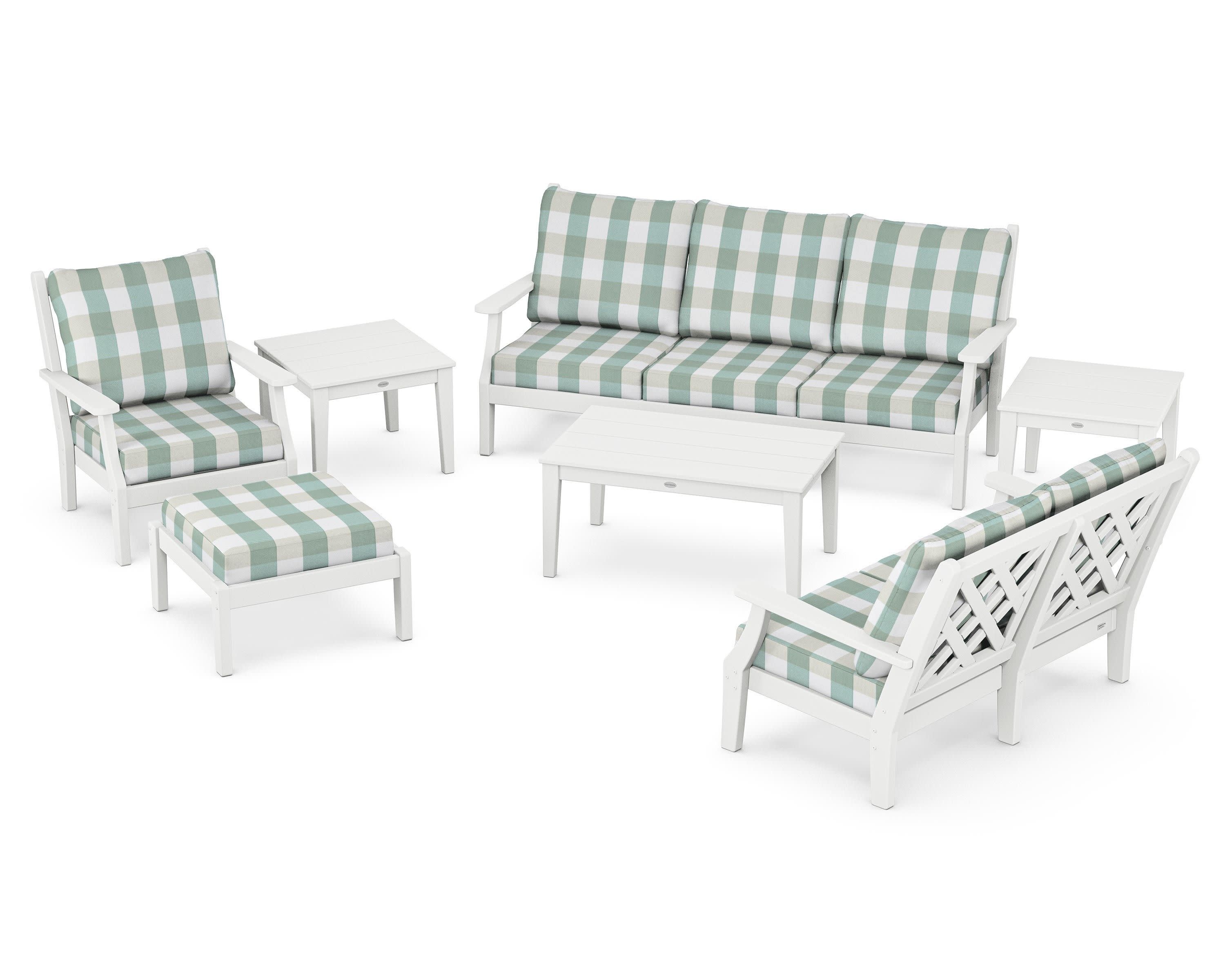 Wovendale 7-Piece Deep Seating Set in White / Buffalo Plaid Glacier Spa
