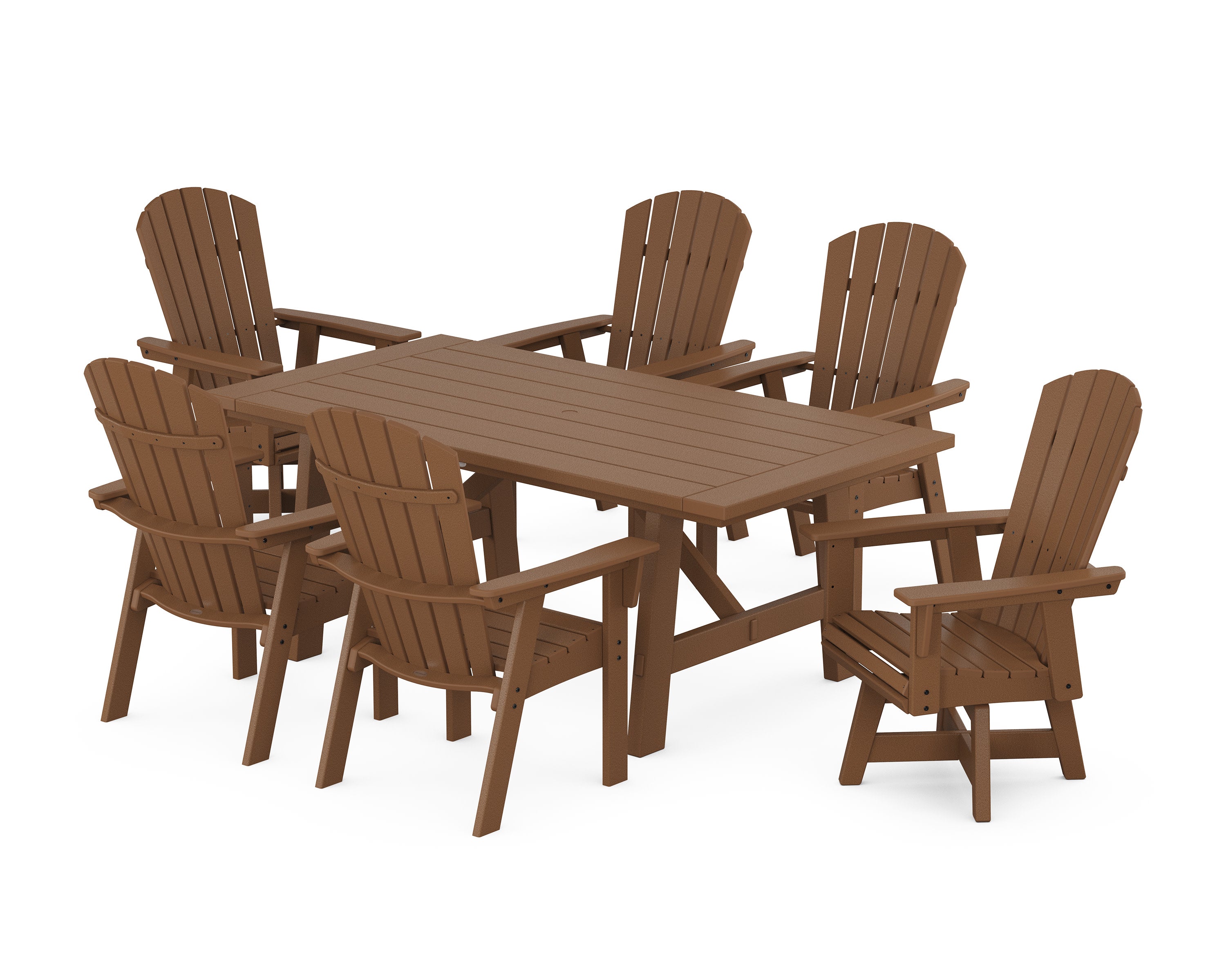 Nautical Curveback Adirondack Swivel Chair 7-Piece Rustic Farmhouse Dining Set in Teak