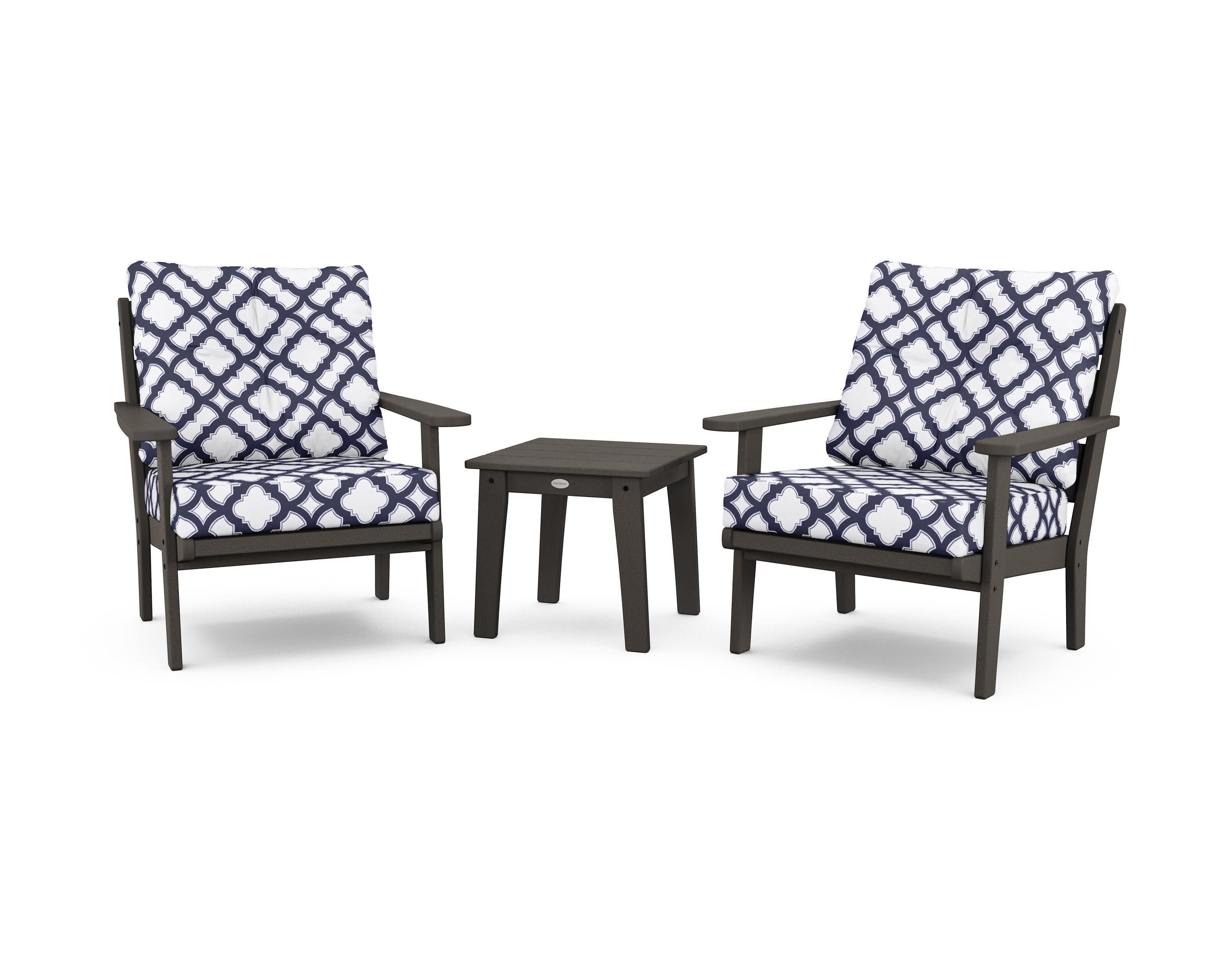 Lakeside 3-Piece Deep Seating Chair Set in Vintage Coffee / Trellis Navy