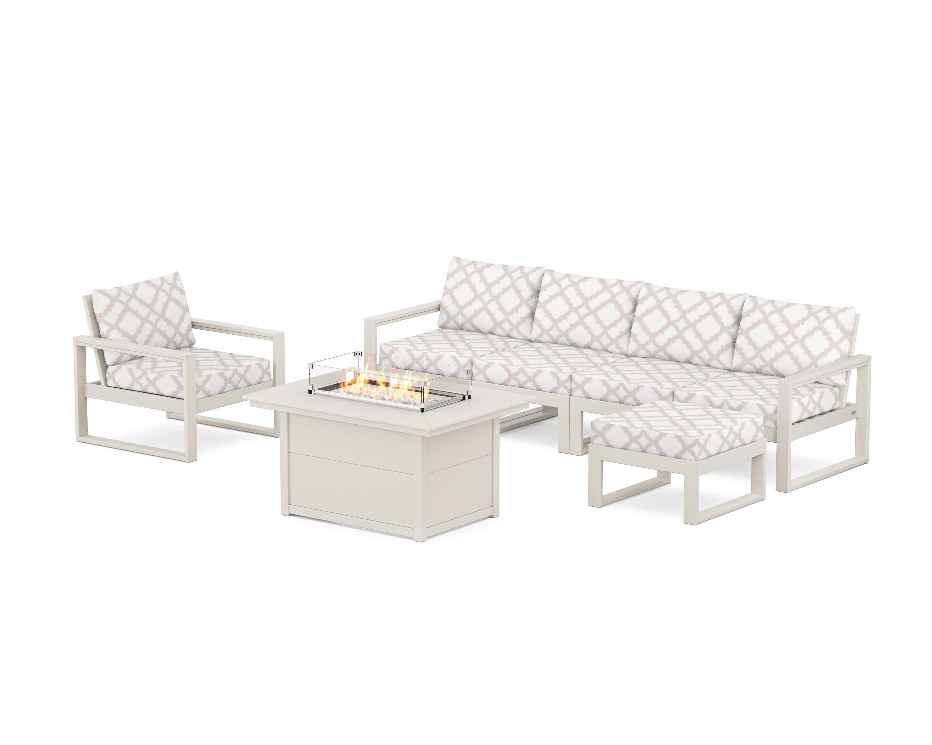 EDGE Sectional Lounge and Fire Pit Set in Sand / Trellis Dune Burlap