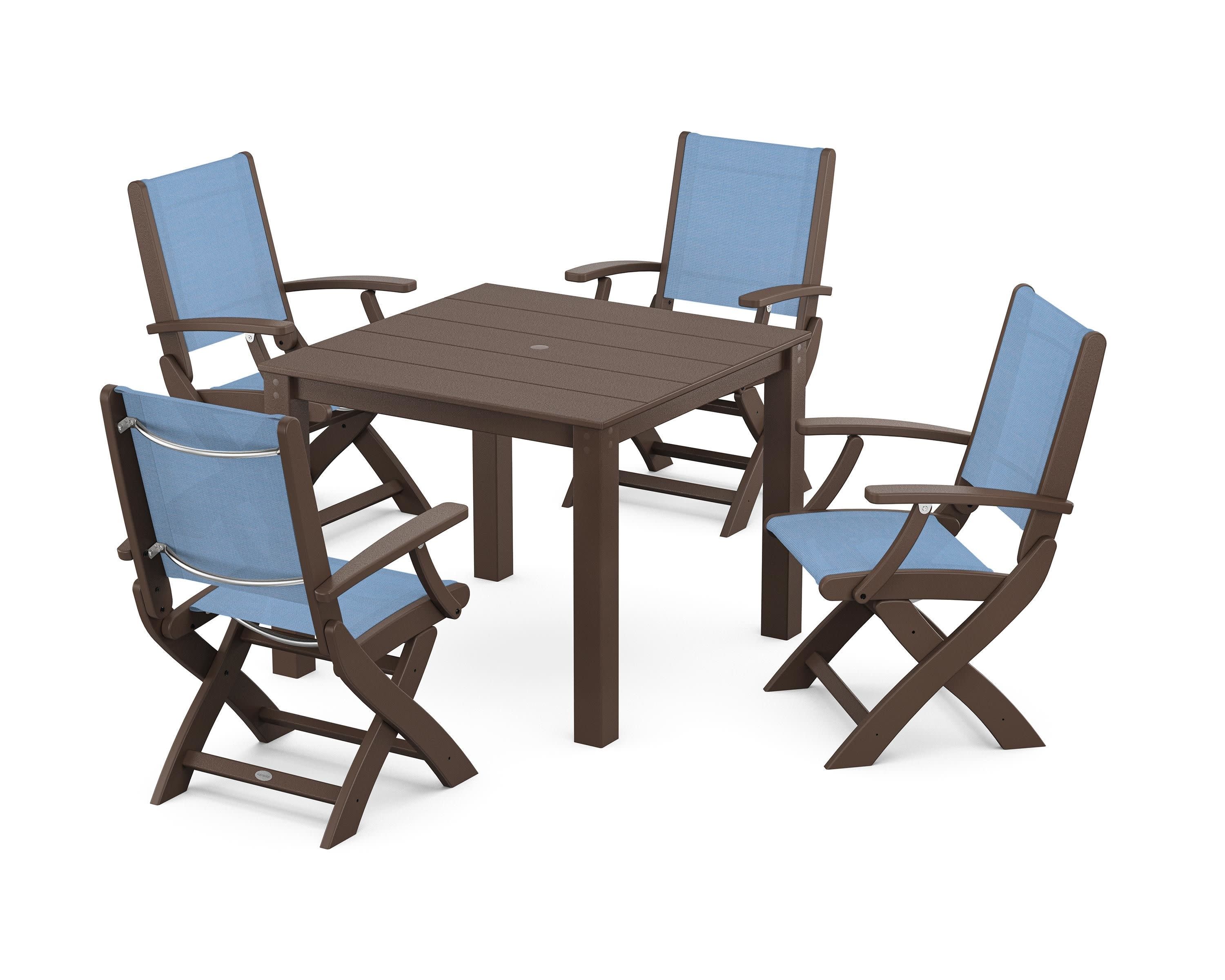 Coastal Folding Chair 5-Piece Parsons Dining Set in Mahogany / Poolside Sling