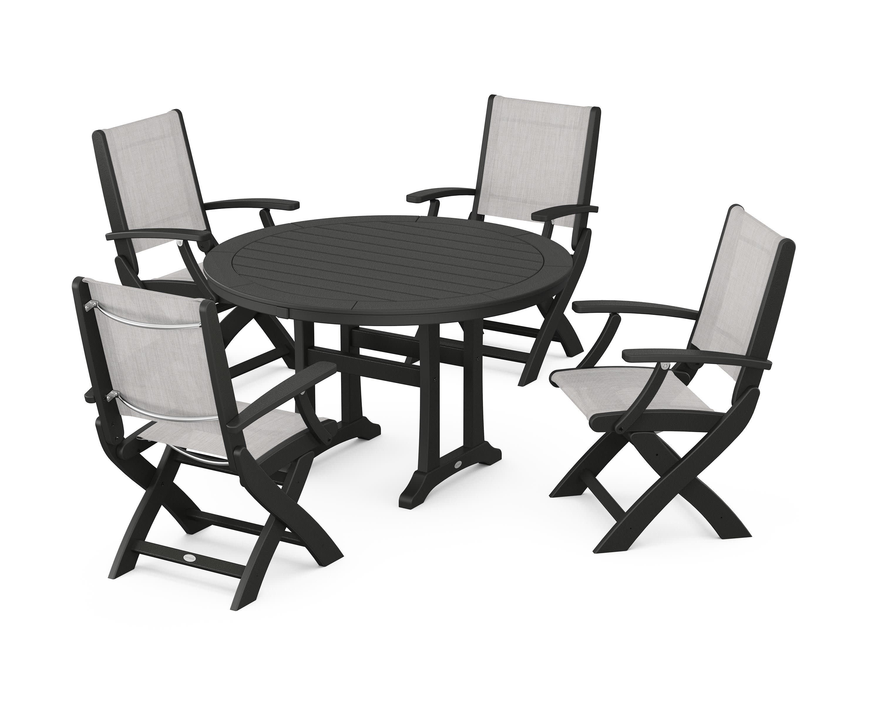 Coastal Folding Chair 5-Piece Round Dining Set with Trestle Legs in Black / Parchment Sling