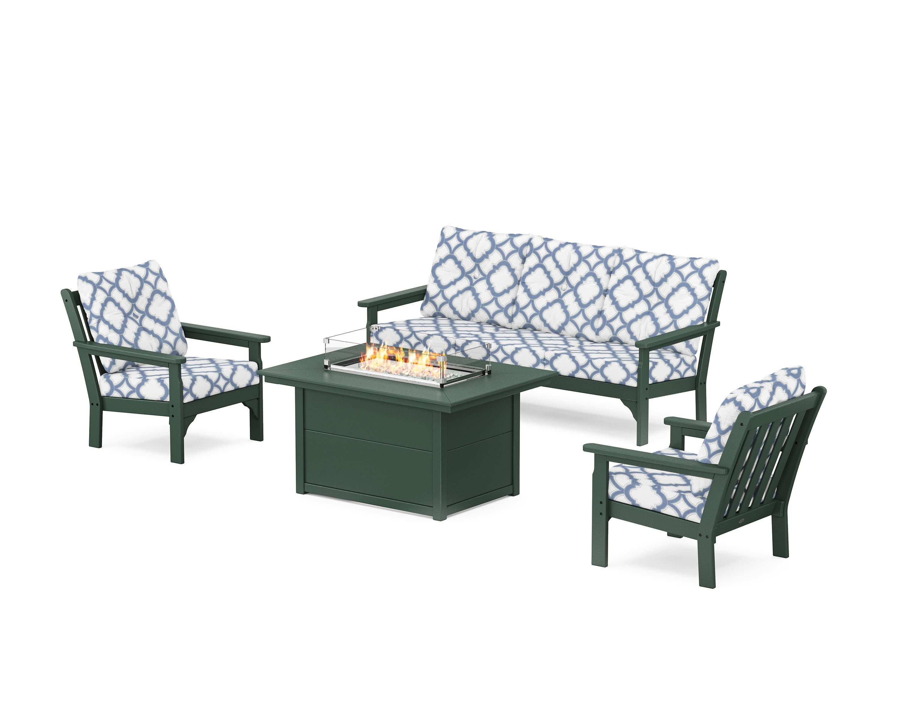Vineyard Deep Seating Fire Pit Table Set in Green / Trellis Sky Blue