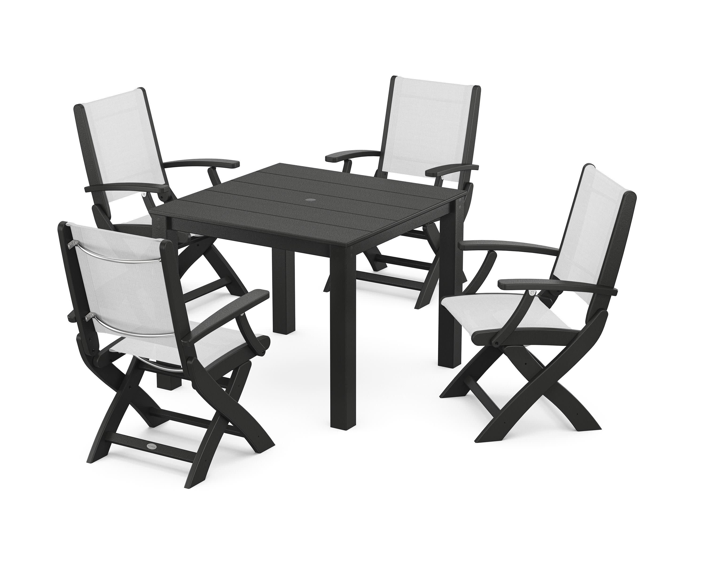 Coastal Folding Chair 5-Piece Parsons Dining Set in Black / White Sling