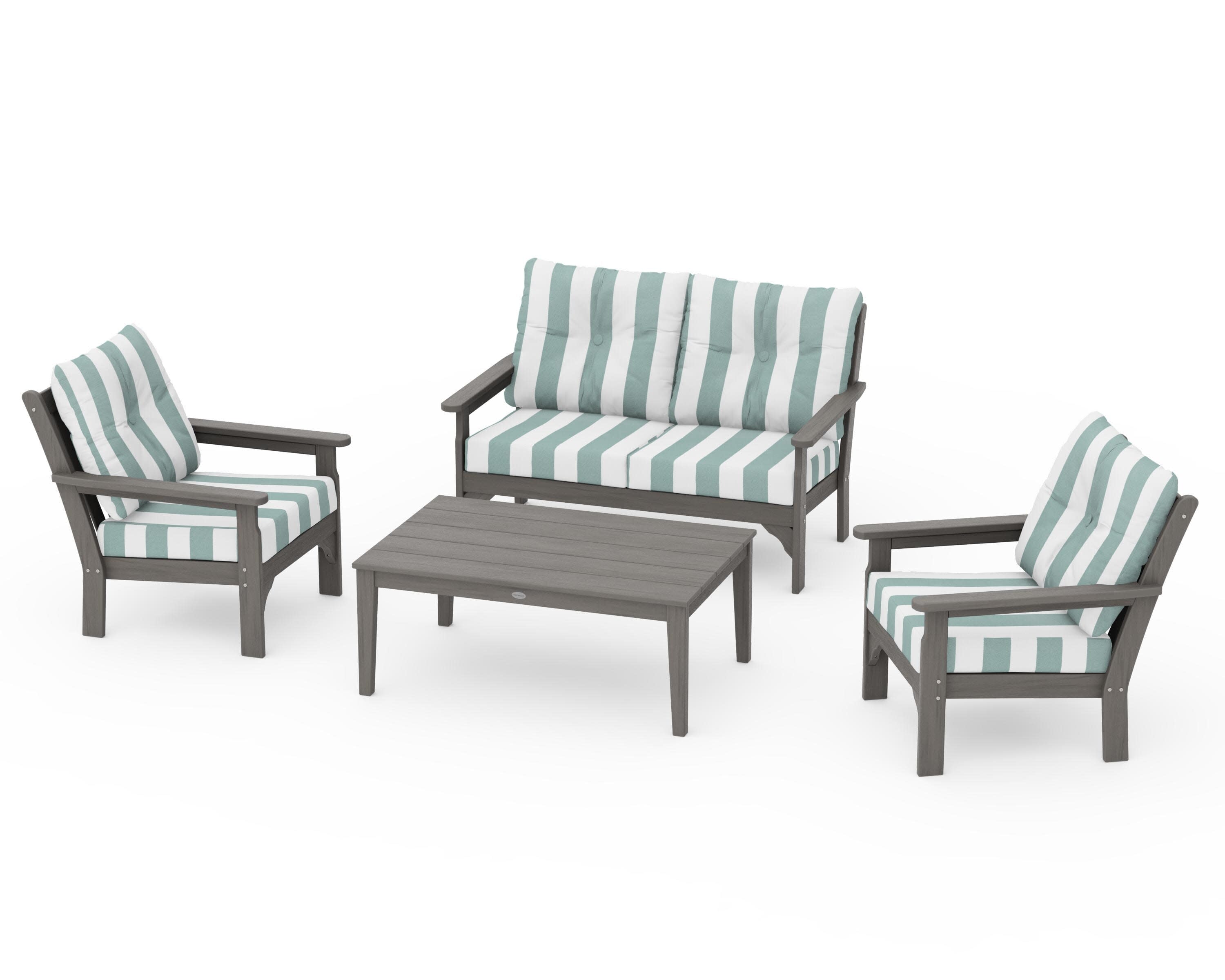 Vineyard 4-Piece Deep Seating Set in Driftwood / Cabana Stripe Glacier Spa