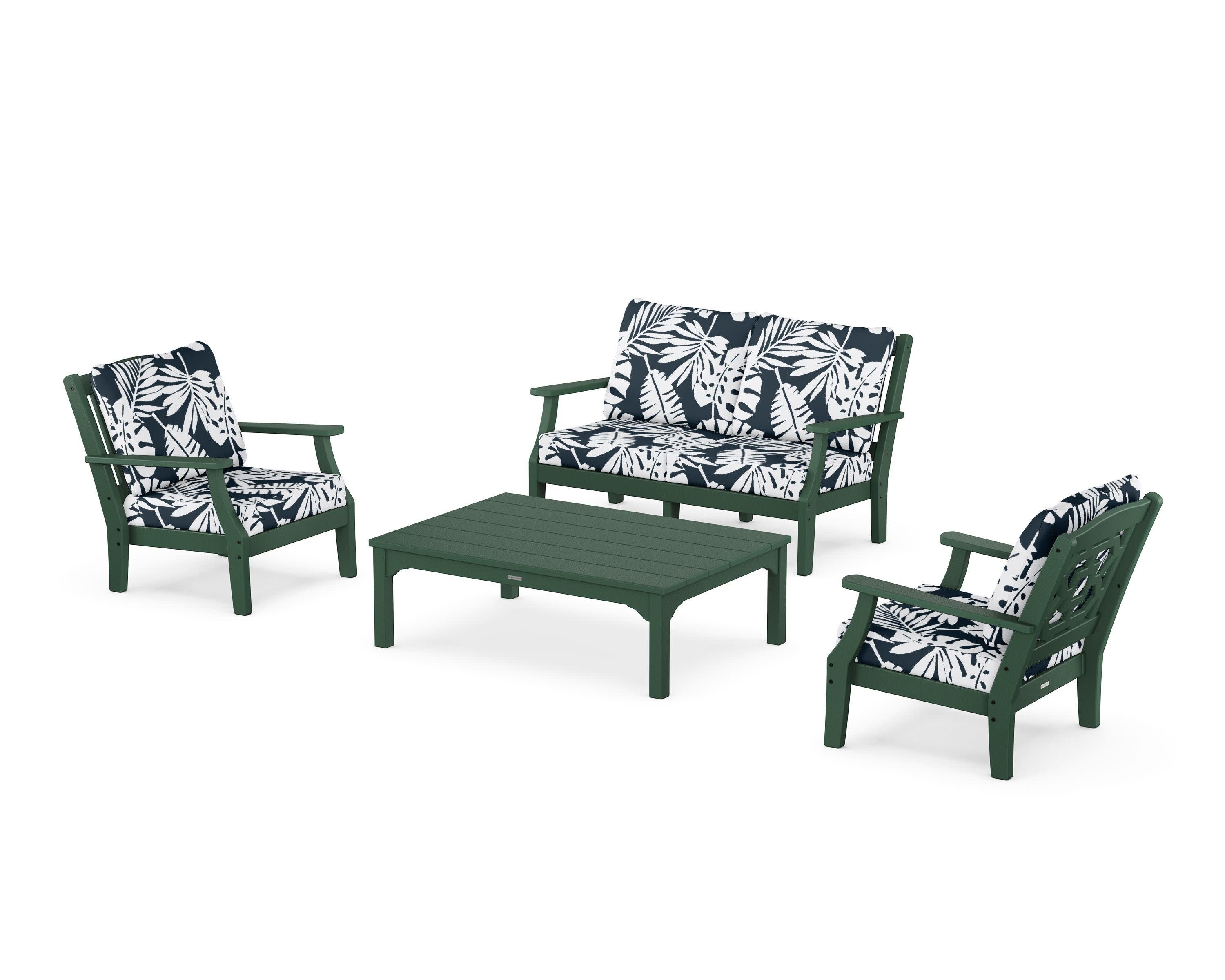 Chinoiserie 4-Piece Deep Seating Set with Loveseat in Green / Leaf Marine Indigo