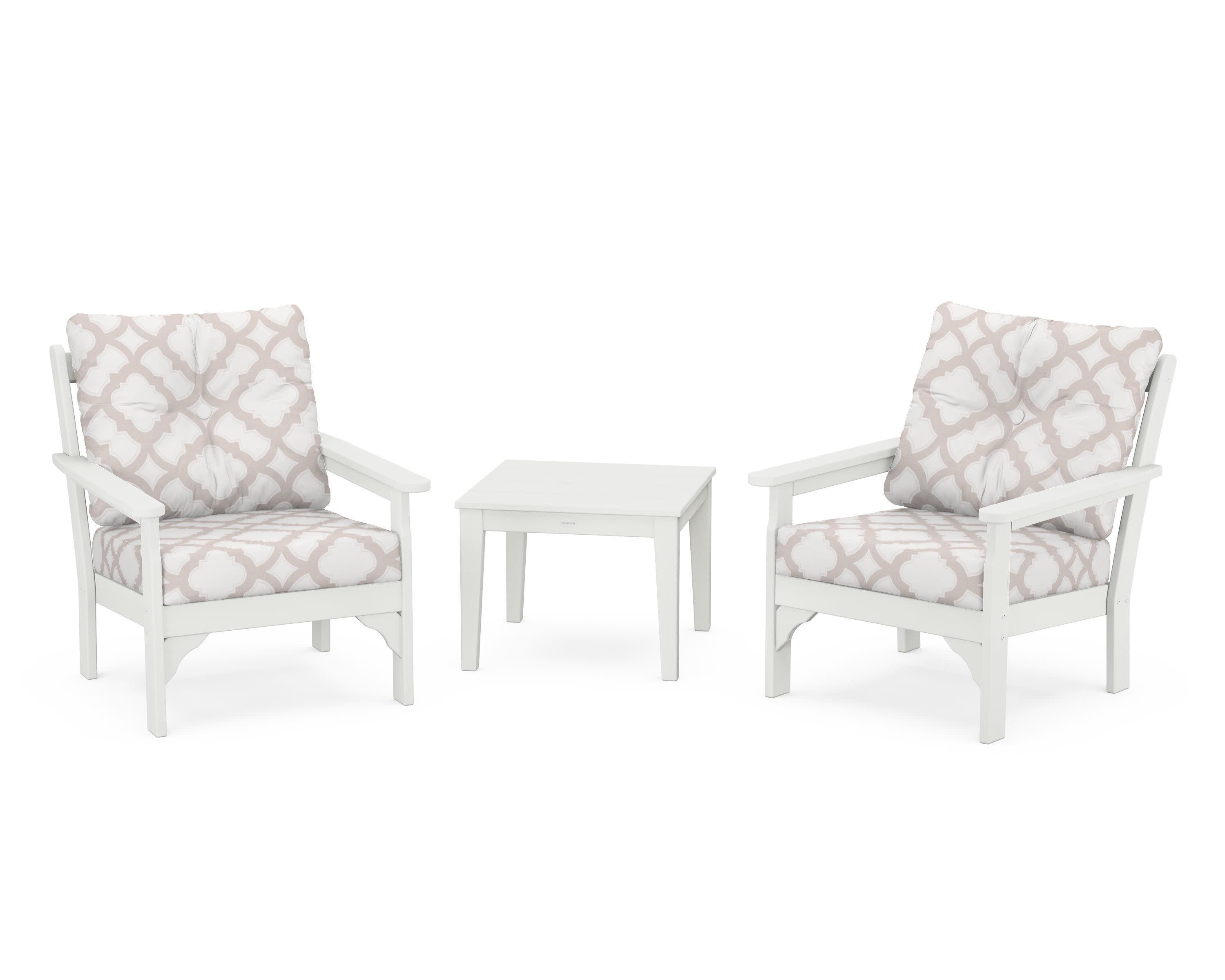 Vineyard 3-Piece Deep Seating Set in Vintage White / Trellis Dune Burlap