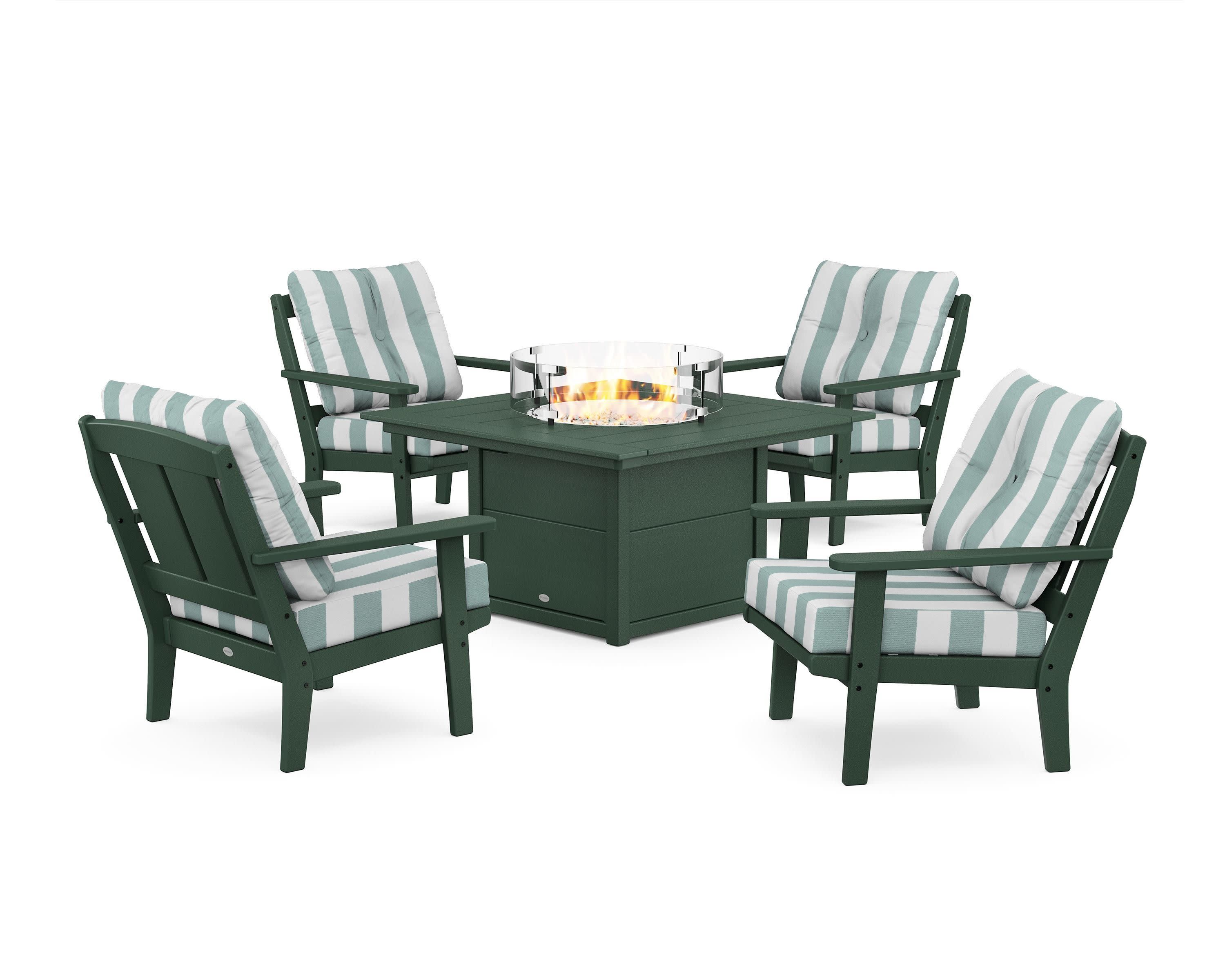 Mission 5-Piece Deep Seating Set with Fire Pit Table in Green / Cabana Stripe Glacier Spa