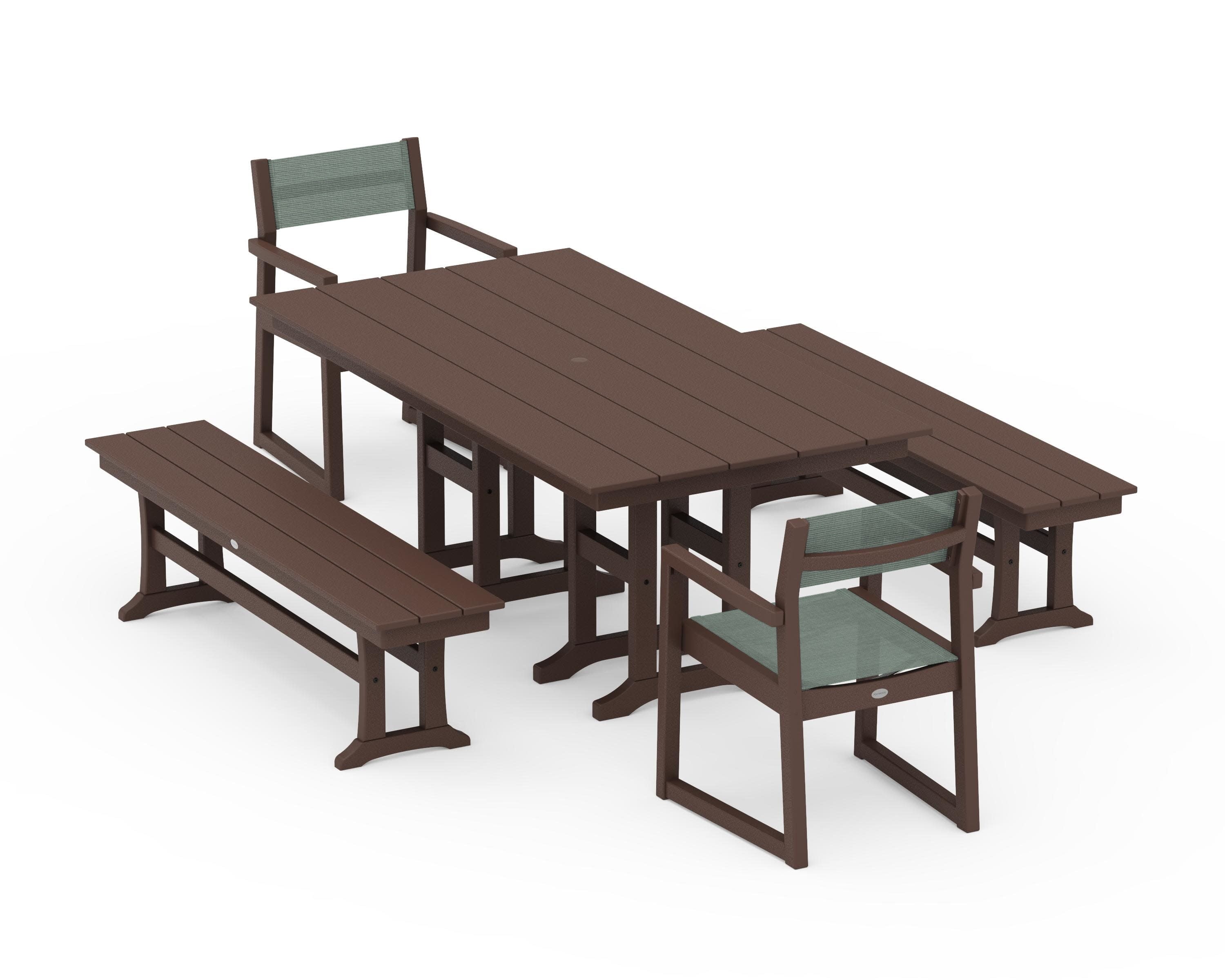 EDGE Sling Arm Chair 5-Piece Farmhouse Dining Set with Benches in Mahogany / Dupioni Sea Mist Sling