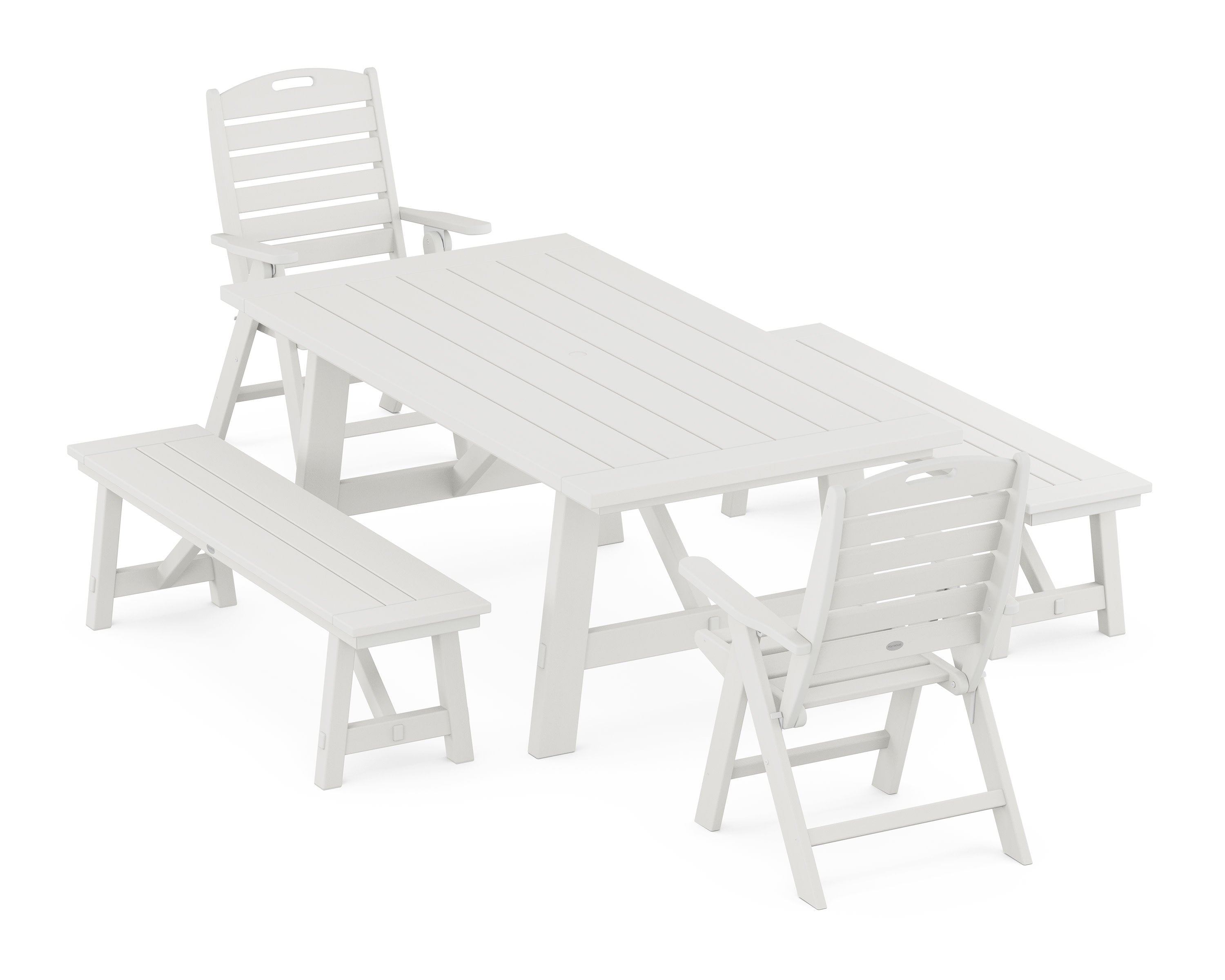 Nautical Folding Highback Chair 5-Piece Rustic Farmhouse Dining Set With Benches in Vintage White