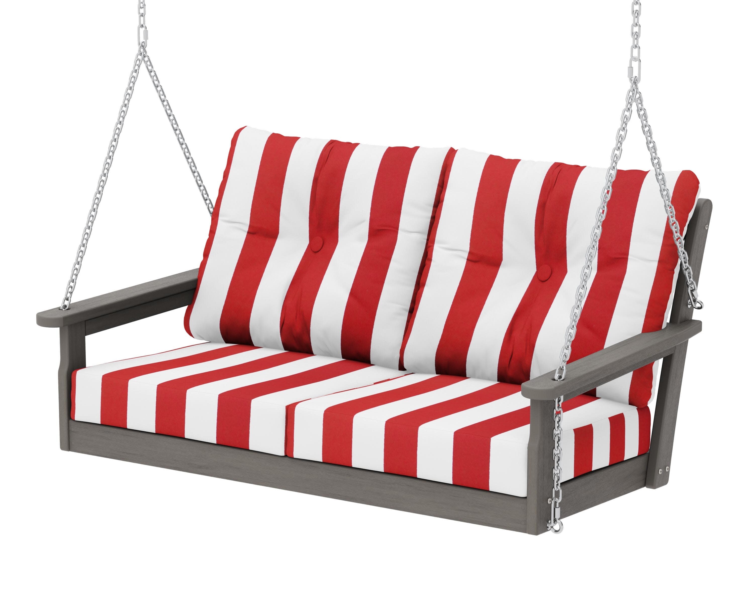 Vineyard Deep Seating Swing in Driftwood / Cabana Stripe Crimson