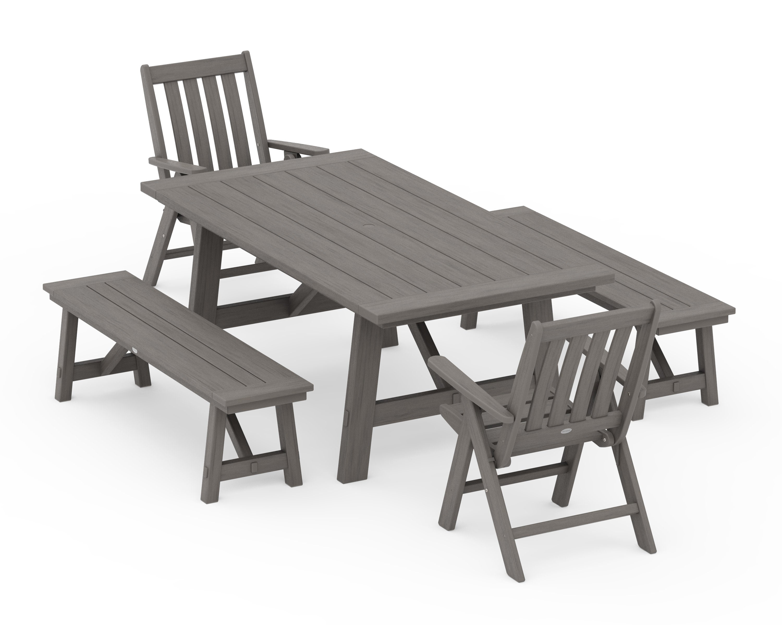 Vineyard Folding Chair 5-Piece Rustic Farmhouse Dining Set With Benches in Driftwood