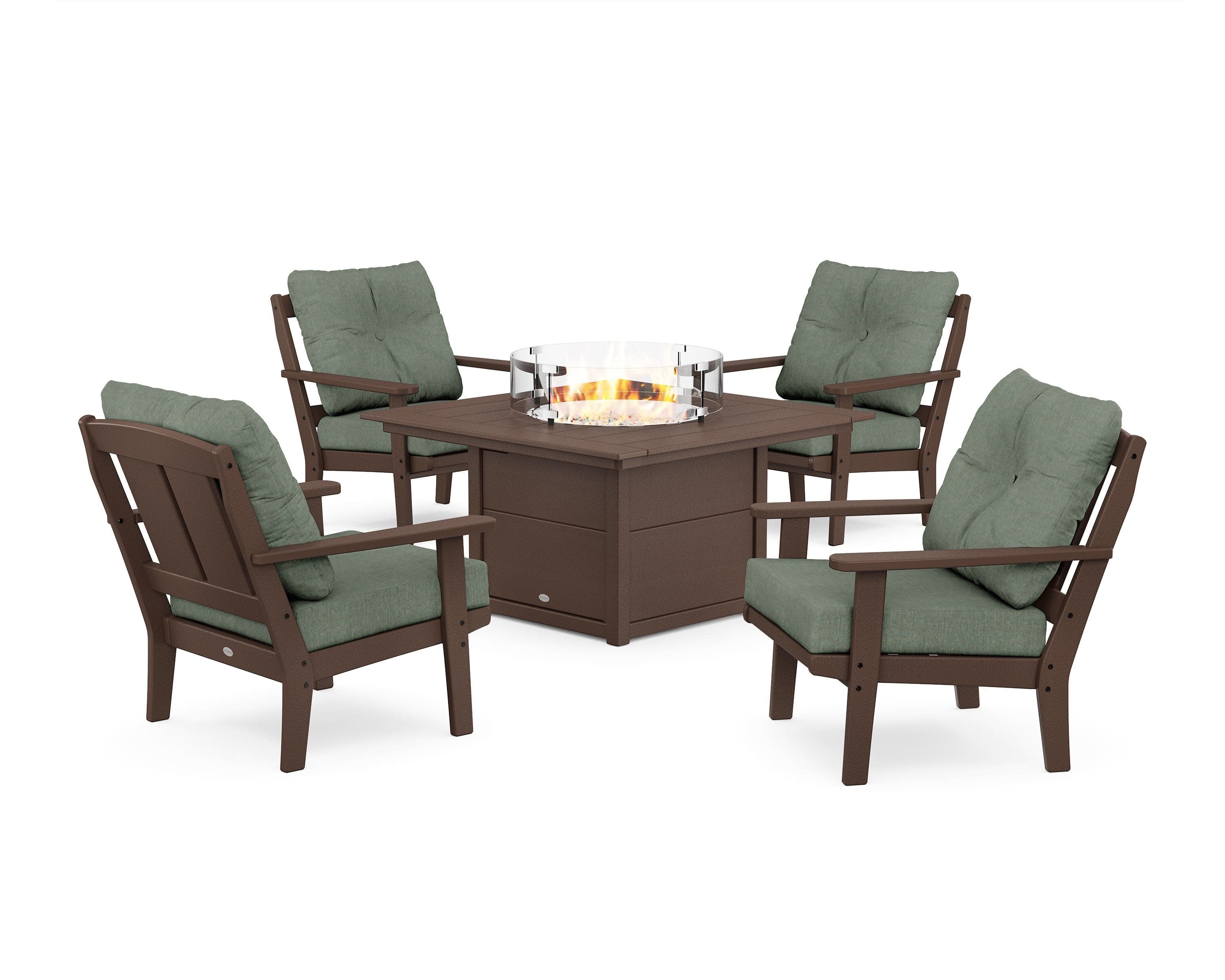 Mission 5-Piece Deep Seating Set with Fire Pit Table in Mahogany / Cast Sage