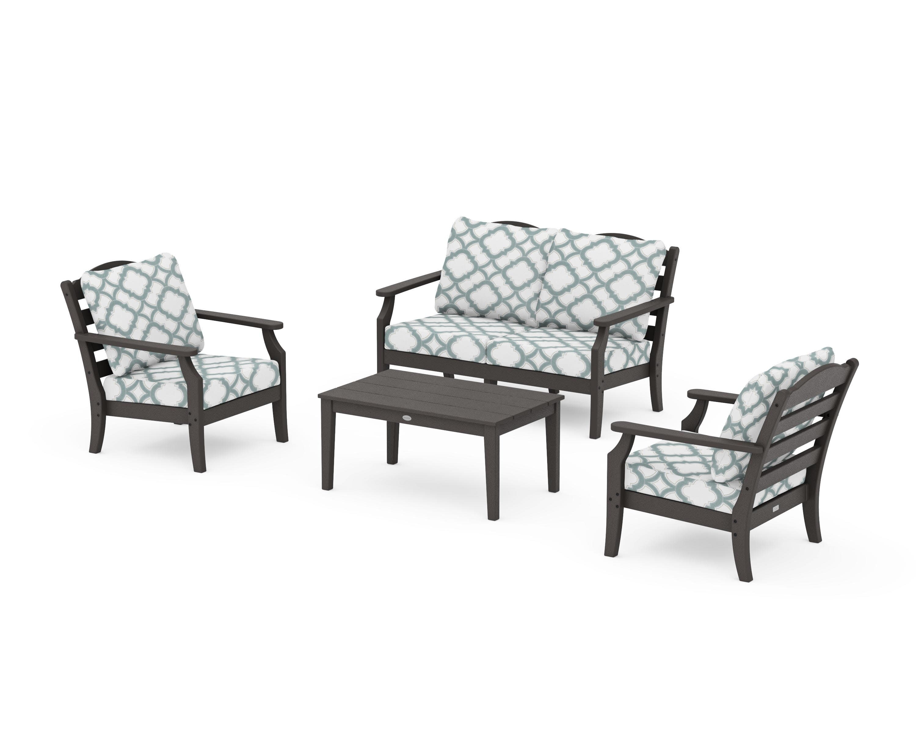 Savannah 4-Piece Deep Seating Set with Loveseat in Vintage Coffee / Trellis Glacier Spa