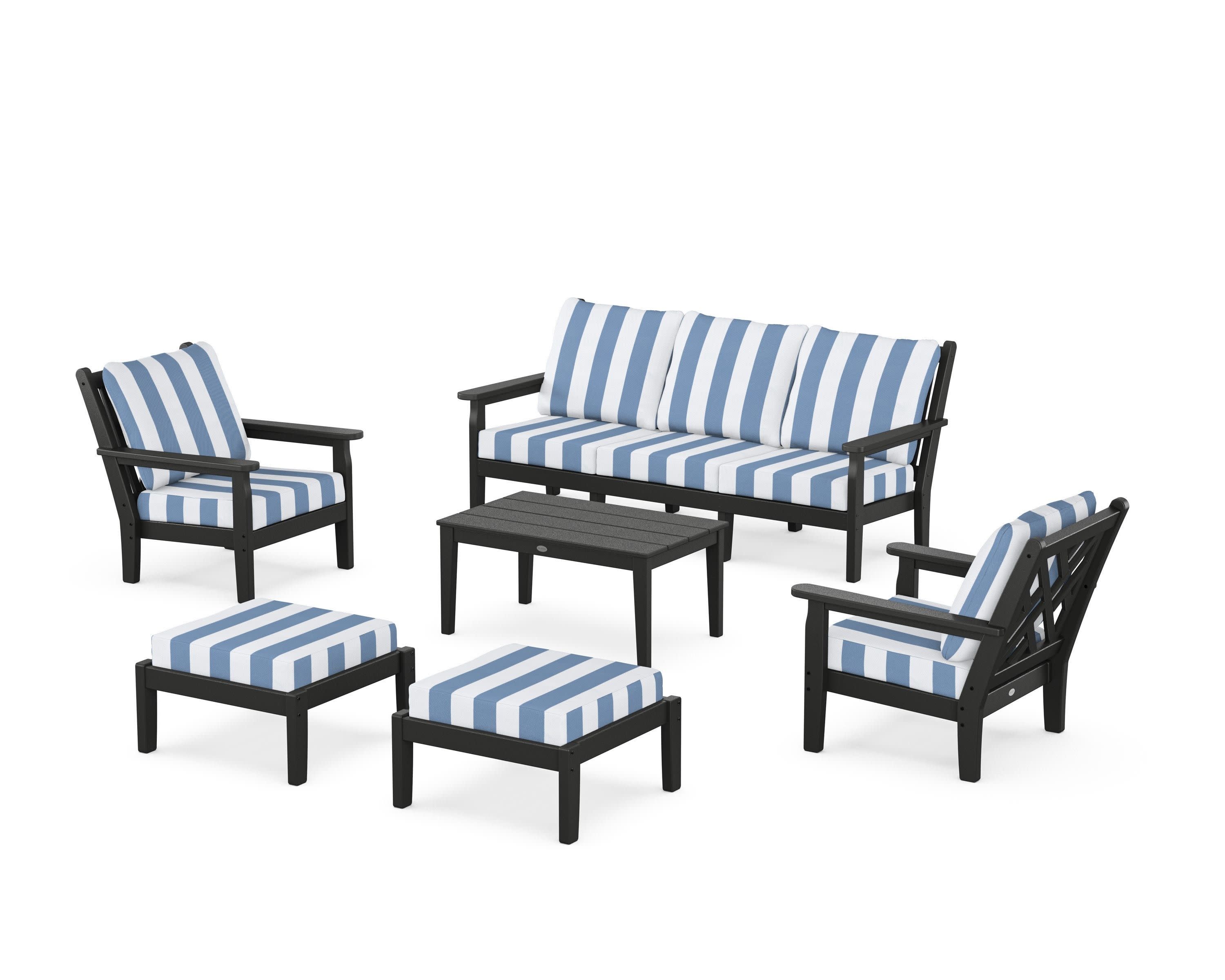 Chippendale 6-Piece Lounge Sofa Set in Black / Cabana Stripe Sky Blue