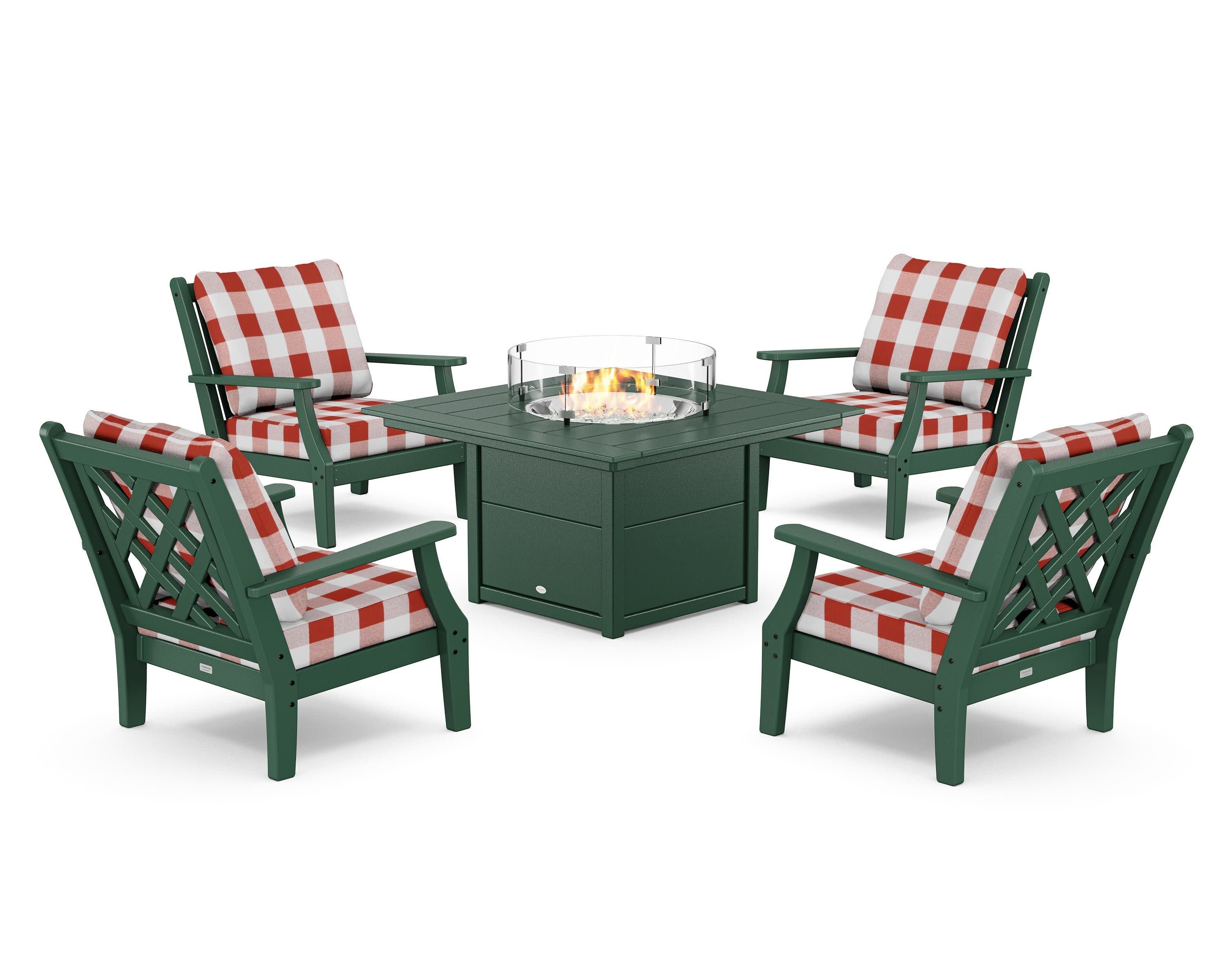 Wovendale 5-Piece Deep Seating Set with Fire Pit Table in Green / Buffalo Plaid Crimson