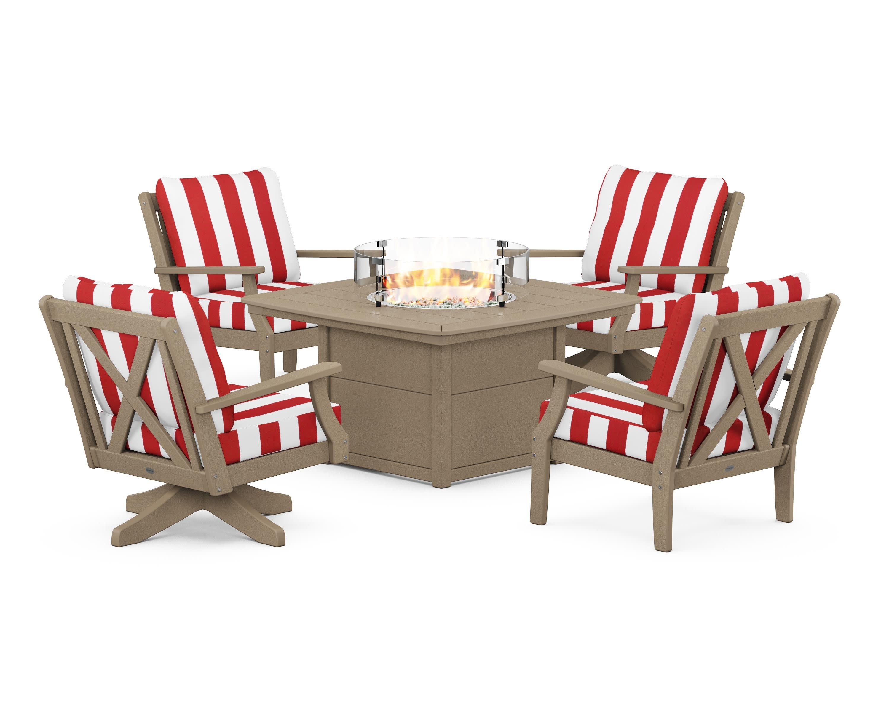 Braxton 5-Piece Deep Seating Set with Fire Table in Vintage Sahara / Cabana Stripe Crimson